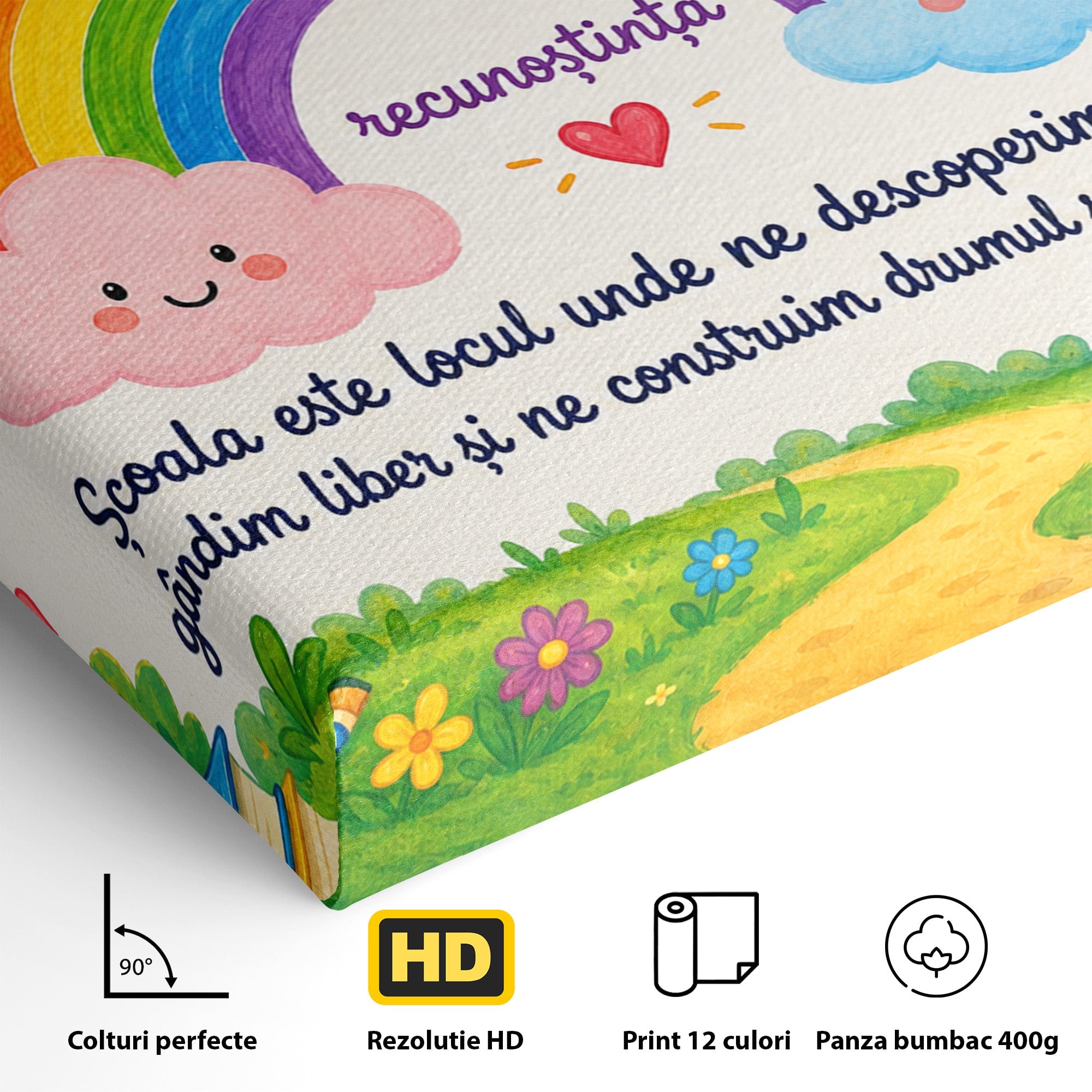 Tablou Canvas Premium LuxCanva® K1087, Curcubeu Alaturi De Nori, Curcubeu, Nori, Scoala, Optimism, Citate, Living, Copii, Culori Vibrante