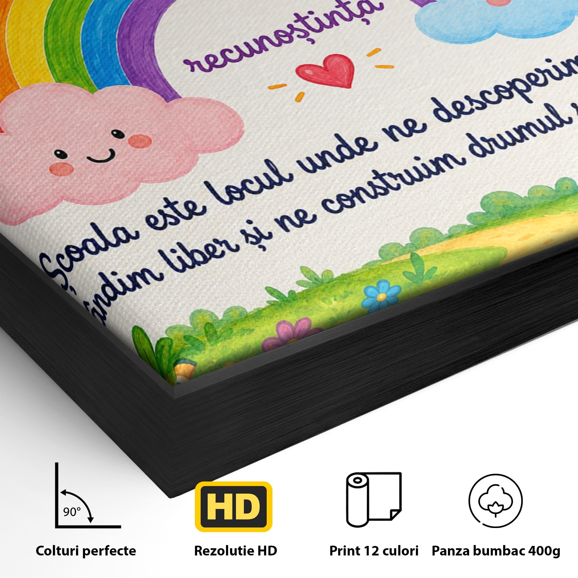 Tablou Canvas Premium LuxCanva® K1087, Curcubeu Alaturi De Nori, Curcubeu, Nori, Scoala, Optimism, Citate, Living, Copii, Culori Vibrante