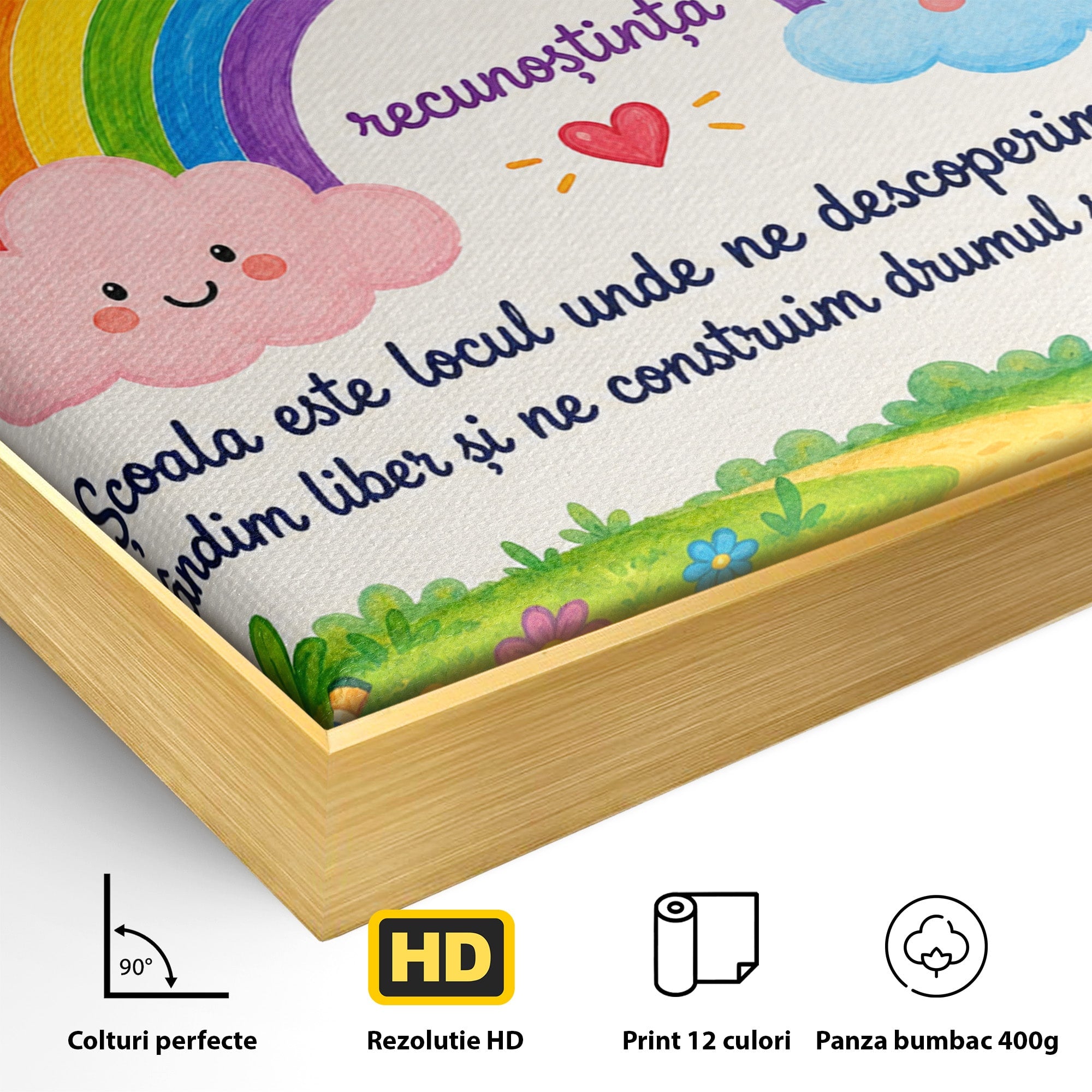 Tablou Canvas Premium LuxCanva® K1087, Curcubeu Alaturi De Nori, Curcubeu, Nori, Scoala, Optimism, Citate, Living, Copii, Culori Vibrante