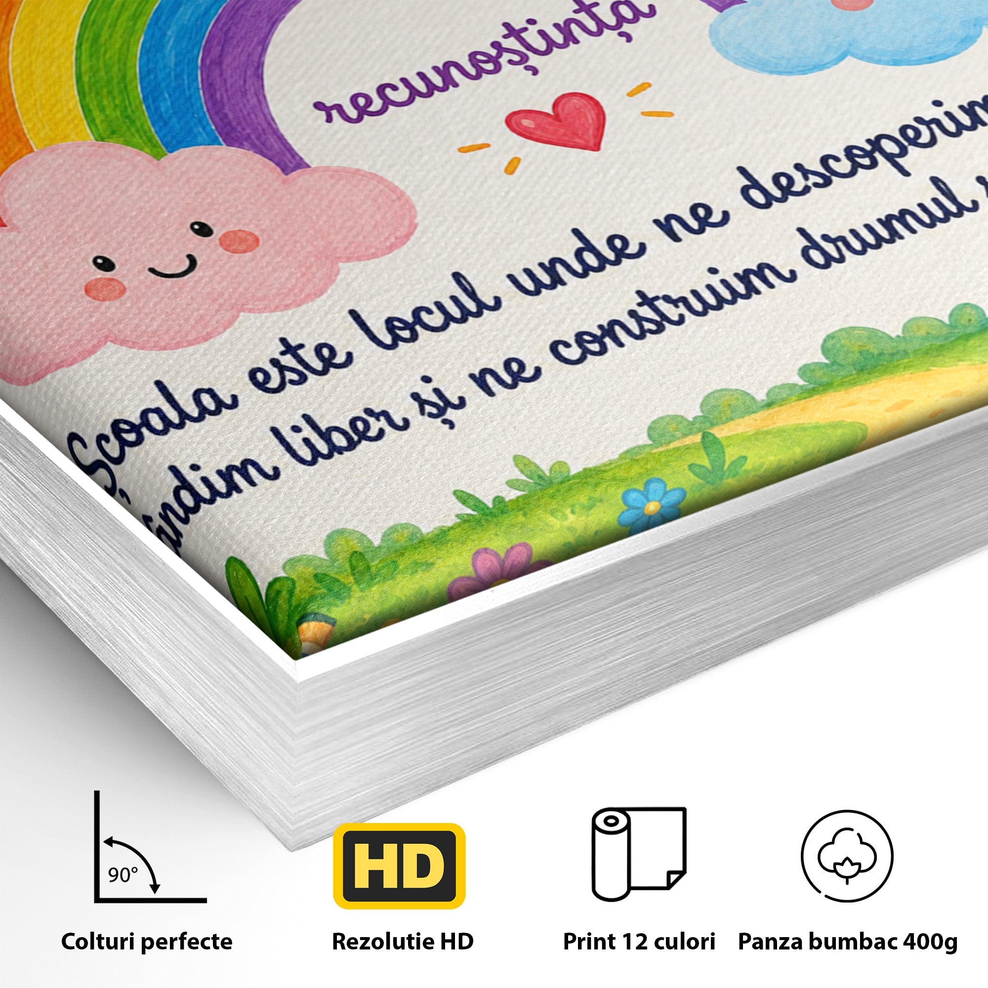 Tablou Canvas Premium LuxCanva® K1087, Curcubeu Alaturi De Nori, Curcubeu, Nori, Scoala, Optimism, Citate, Living, Copii, Culori Vibrante