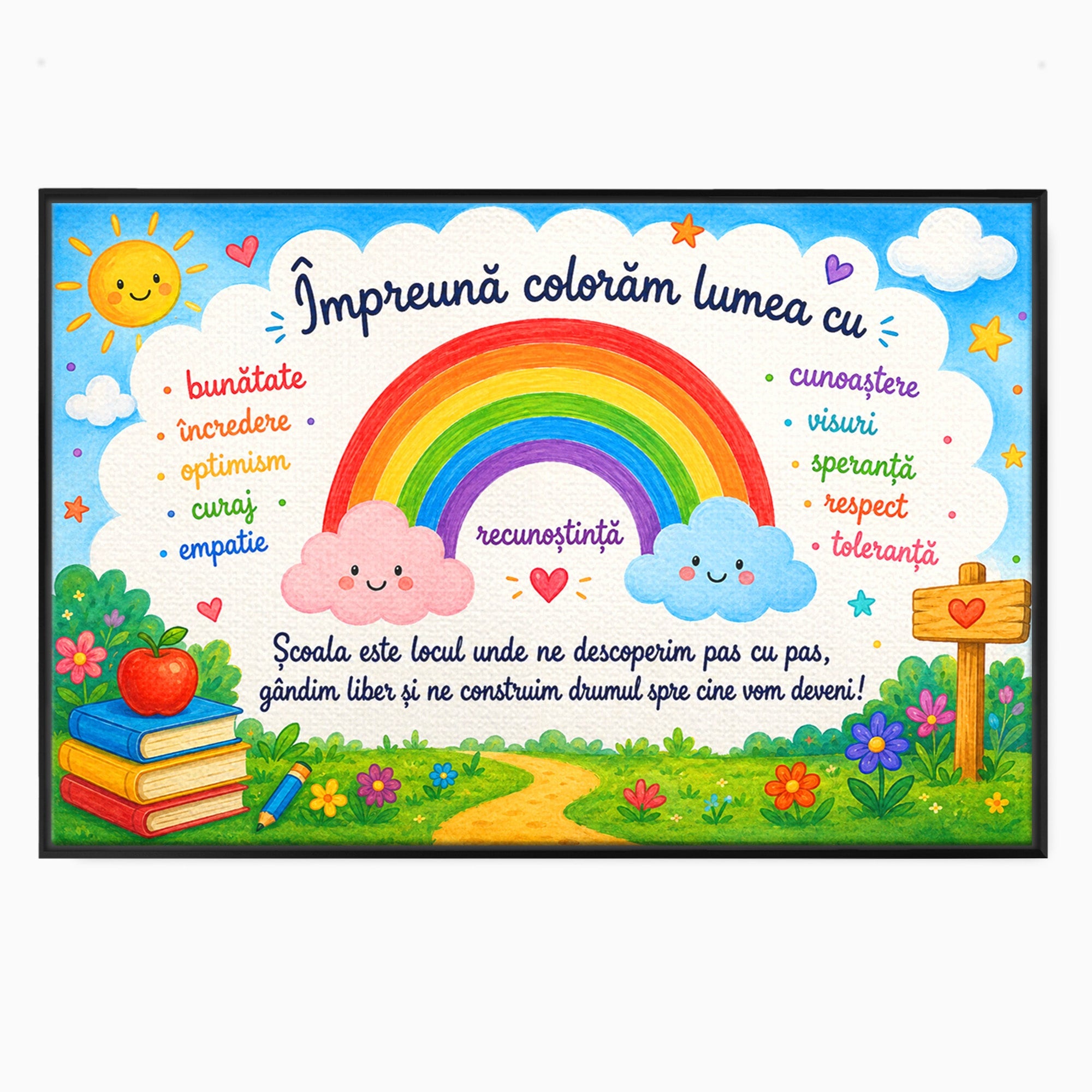 Tablou Canvas Premium LuxCanva® K1087, Curcubeu Alaturi De Nori, Curcubeu, Nori, Scoala, Optimism, Citate, Living, Copii, Culori Vibrante