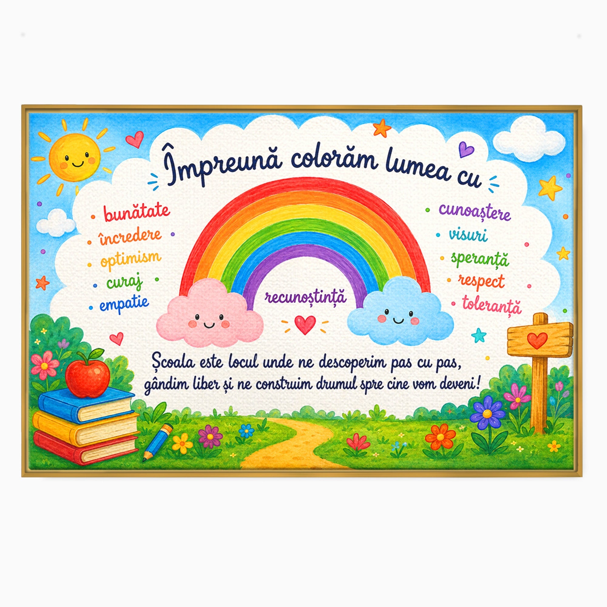 Tablou Canvas Premium LuxCanva® K1087, Curcubeu Alaturi De Nori, Curcubeu, Nori, Scoala, Optimism, Citate, Living, Copii, Culori Vibrante