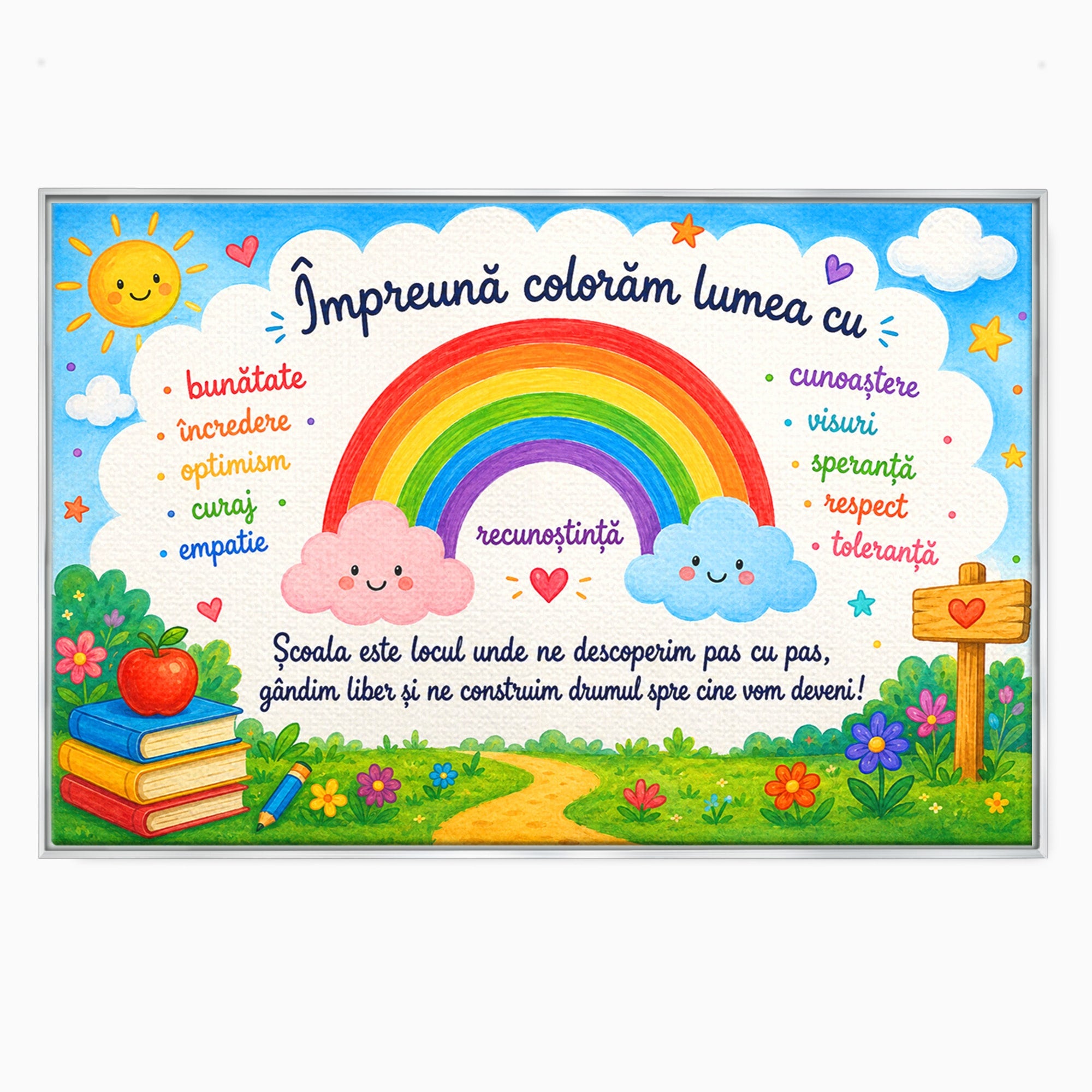Tablou Canvas Premium LuxCanva® K1087, Curcubeu Alaturi De Nori, Curcubeu, Nori, Scoala, Optimism, Citate, Living, Copii, Culori Vibrante