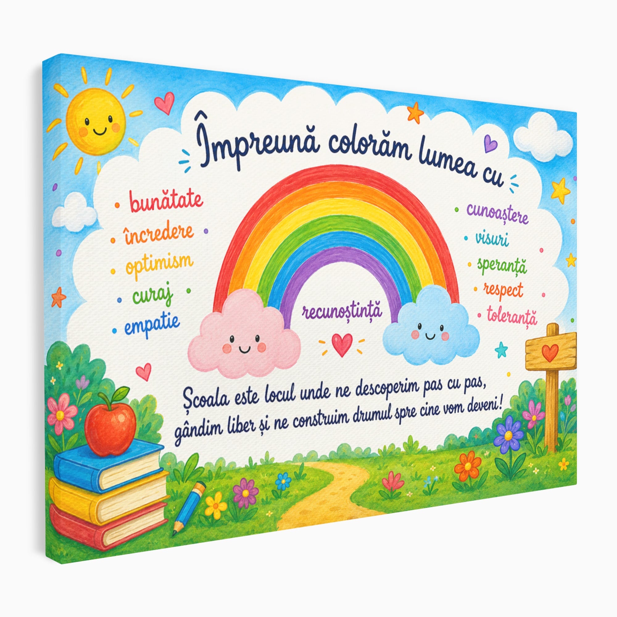 Tablou Canvas Premium LuxCanva® K1087, Curcubeu Alaturi De Nori, Curcubeu, Nori, Scoala, Optimism, Citate, Living, Copii, Culori Vibrante