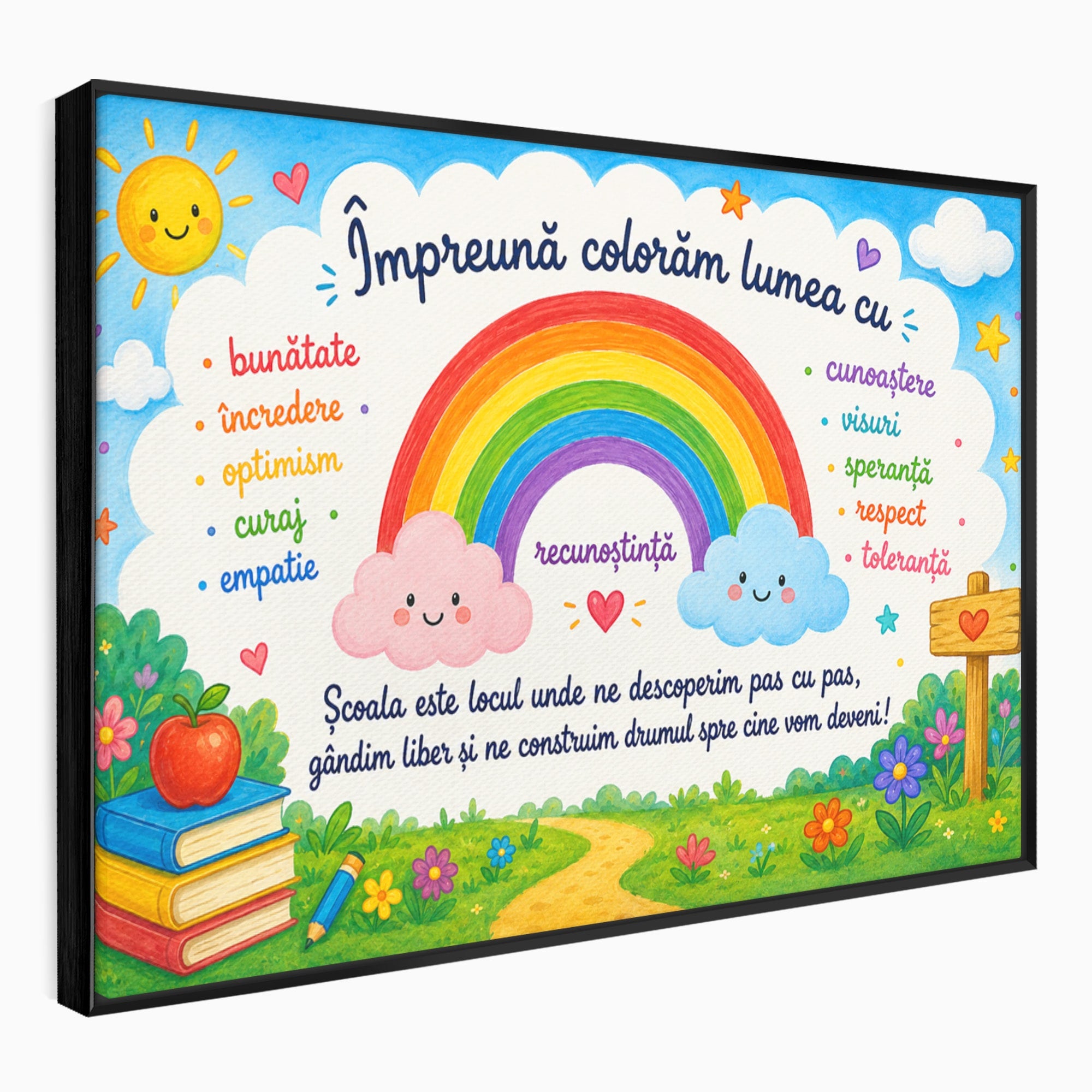 Tablou Canvas Premium LuxCanva® K1087, Curcubeu Alaturi De Nori, Curcubeu, Nori, Scoala, Optimism, Citate, Living, Copii, Culori Vibrante