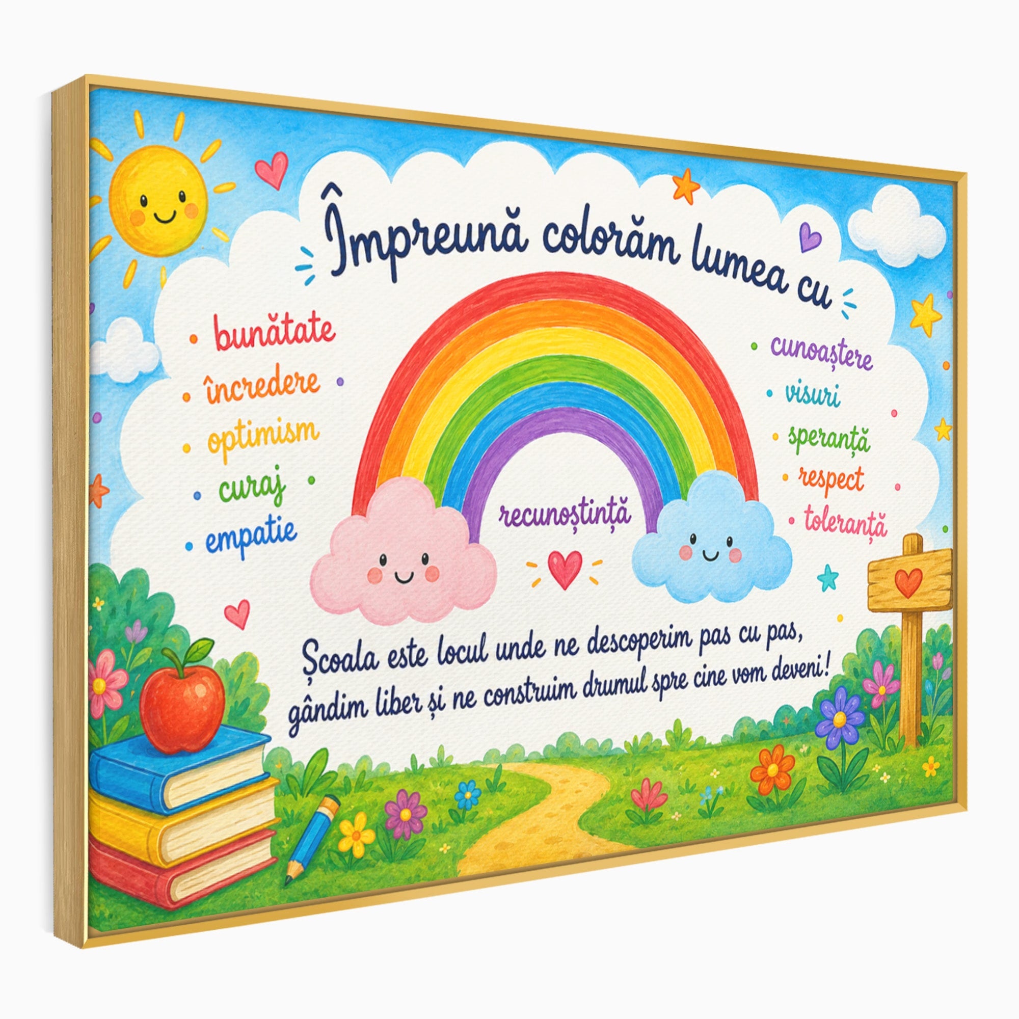 Tablou Canvas Premium LuxCanva® K1087, Curcubeu Alaturi De Nori, Curcubeu, Nori, Scoala, Optimism, Citate, Living, Copii, Culori Vibrante