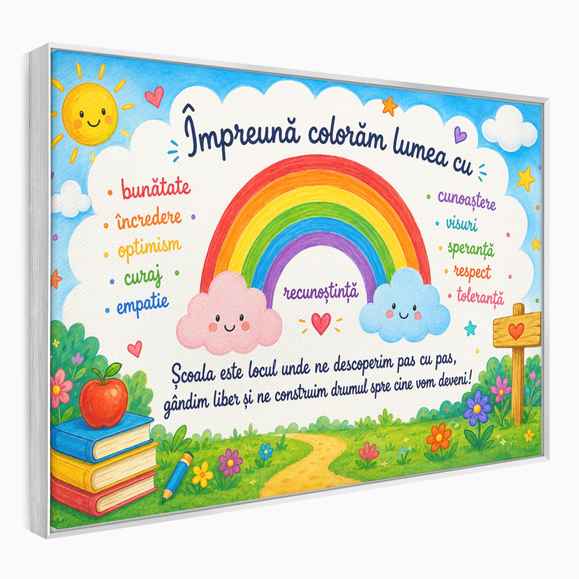 Tablou Canvas Premium LuxCanva® K1087, Curcubeu Alaturi De Nori, Curcubeu, Nori, Scoala, Optimism, Citate, Living, Copii, Culori Vibrante