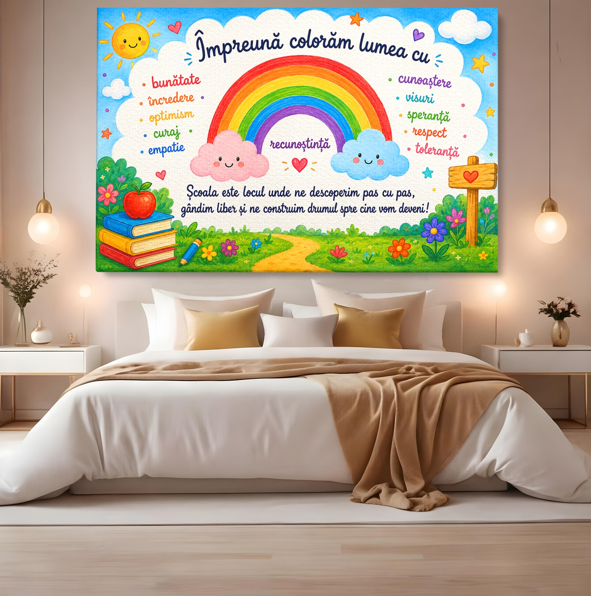 Tablou Canvas Premium LuxCanva® K1087, Curcubeu Alaturi De Nori, Curcubeu, Nori, Scoala, Optimism, Citate, Living, Copii, Culori Vibrante