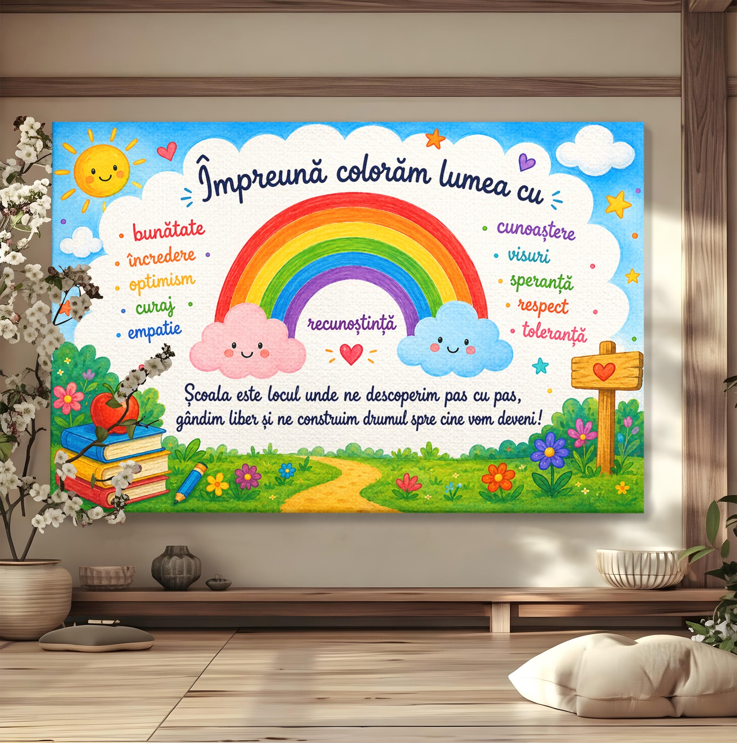 Tablou Canvas Premium LuxCanva® K1087, Curcubeu Alaturi De Nori, Curcubeu, Nori, Scoala, Optimism, Citate, Living, Copii, Culori Vibrante
