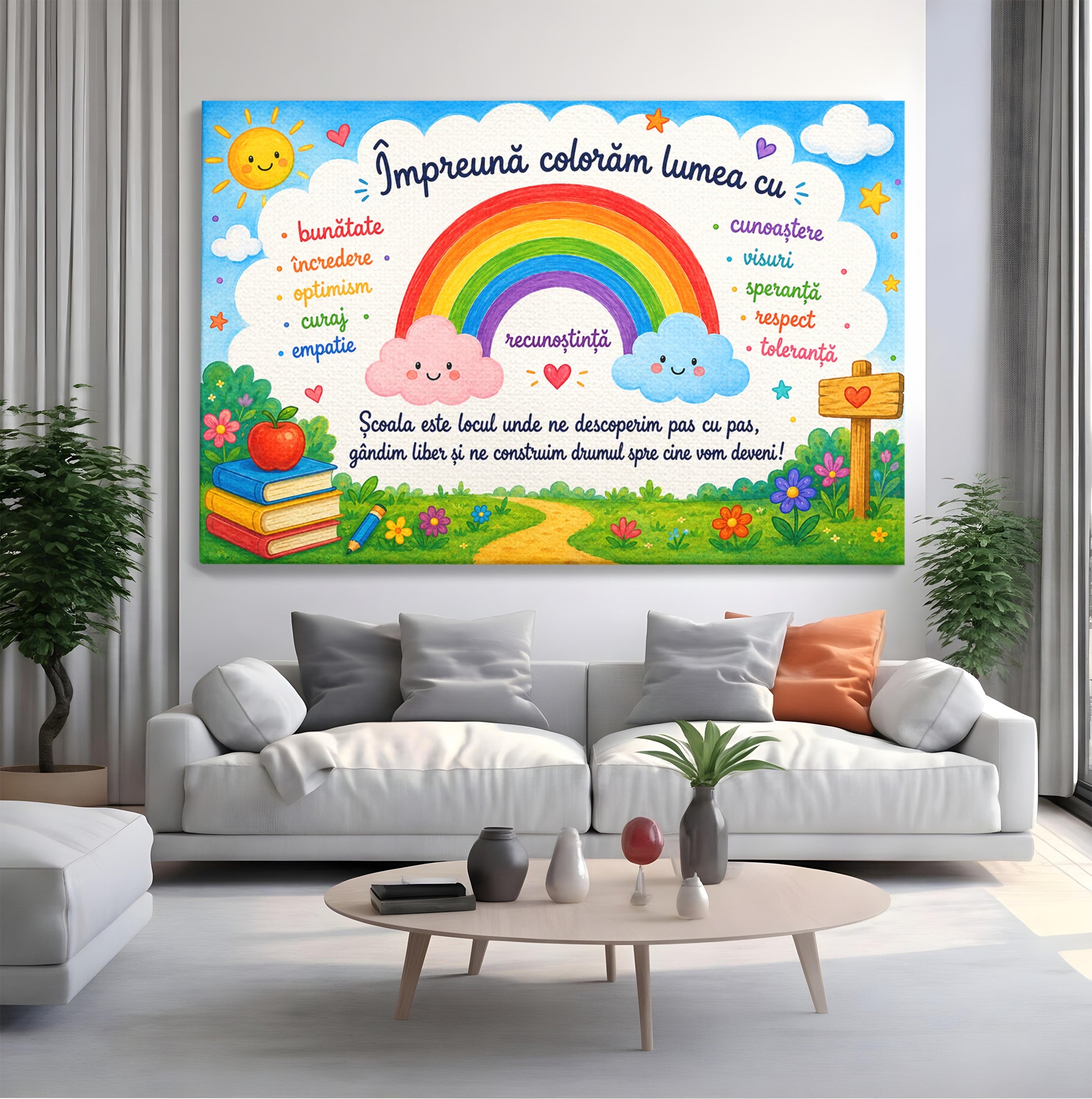 Tablou Canvas Premium LuxCanva® K1087, Curcubeu Alaturi De Nori, Curcubeu, Nori, Scoala, Optimism, Citate, Living, Copii, Culori Vibrante