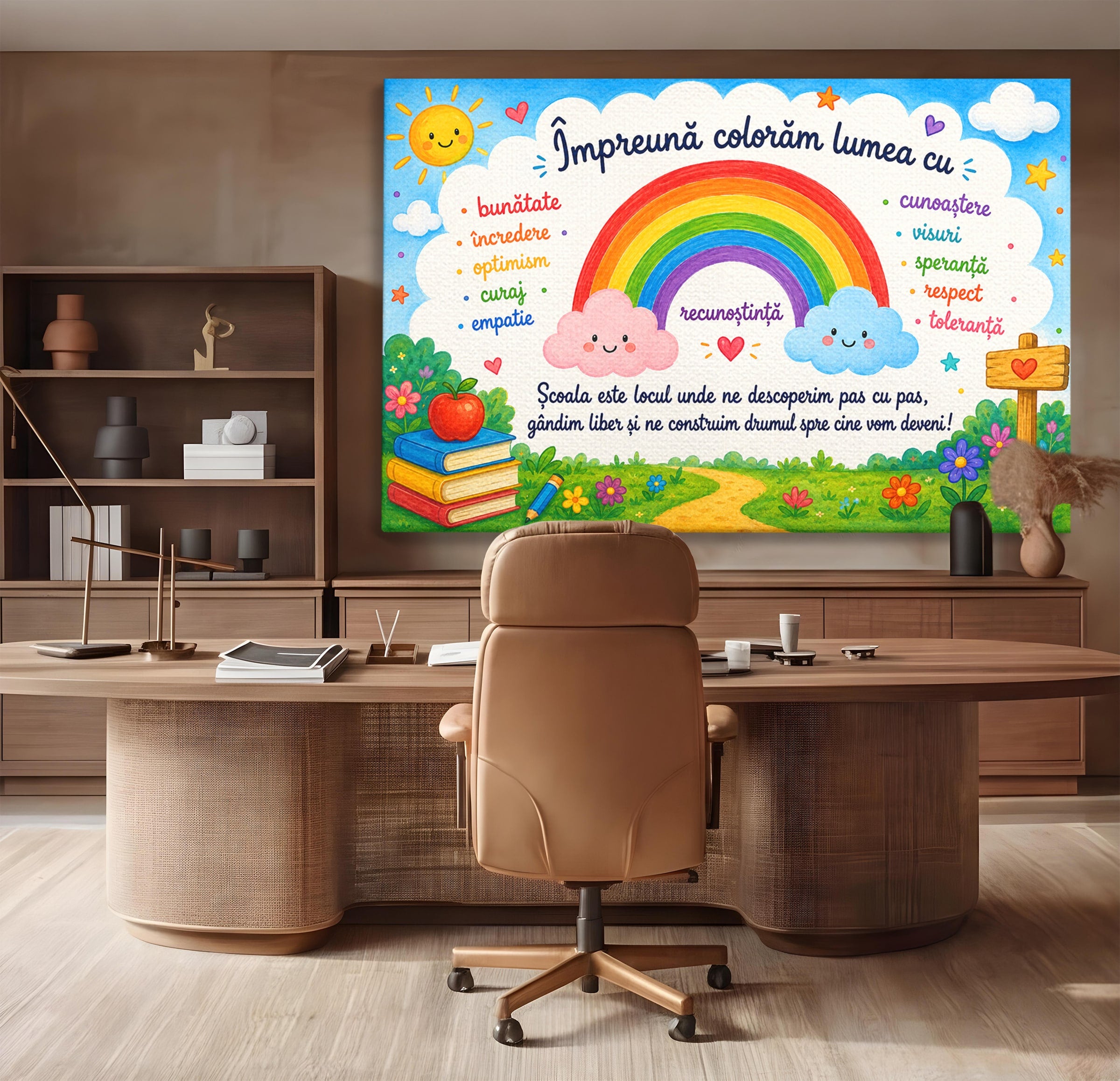 Tablou Canvas Premium LuxCanva® K1087, Curcubeu Alaturi De Nori, Curcubeu, Nori, Scoala, Optimism, Citate, Living, Copii, Culori Vibrante