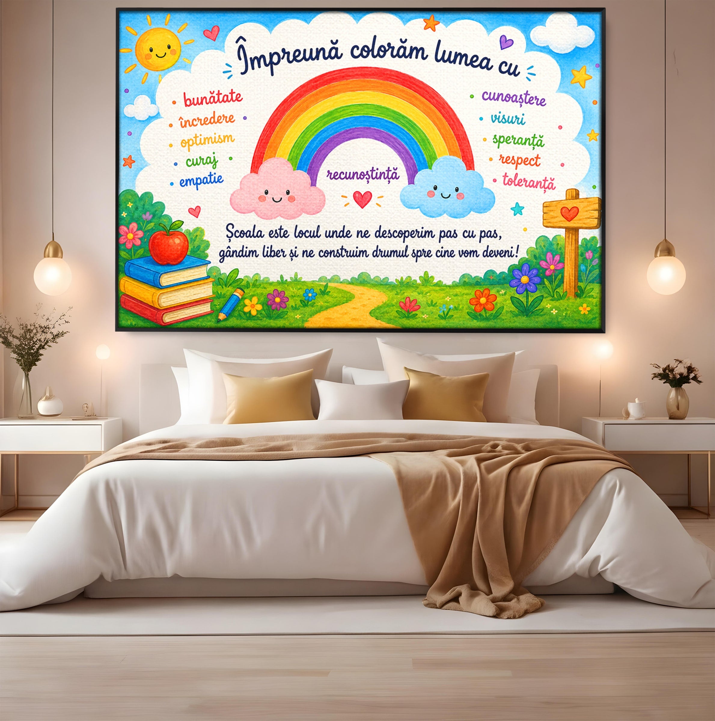 Tablou Canvas Premium LuxCanva® K1087, Curcubeu Alaturi De Nori, Curcubeu, Nori, Scoala, Optimism, Citate, Living, Copii, Culori Vibrante