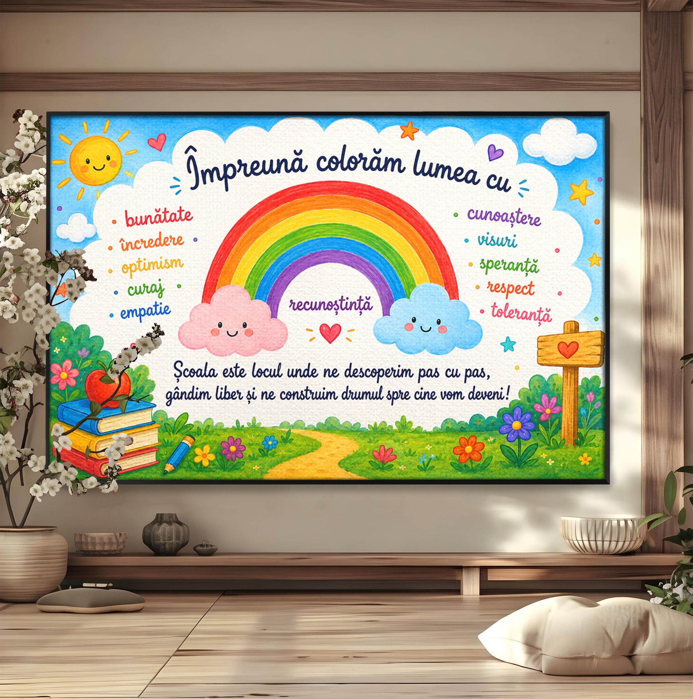 Tablou Canvas Premium LuxCanva® K1087, Curcubeu Alaturi De Nori, Curcubeu, Nori, Scoala, Optimism, Citate, Living, Copii, Culori Vibrante