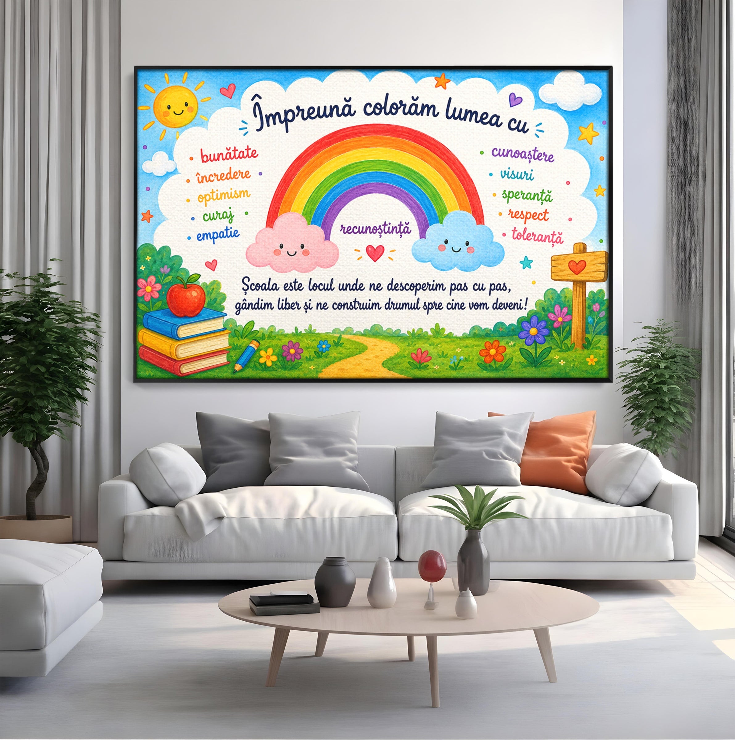 Tablou Canvas Premium LuxCanva® K1087, Curcubeu Alaturi De Nori, Curcubeu, Nori, Scoala, Optimism, Citate, Living, Copii, Culori Vibrante