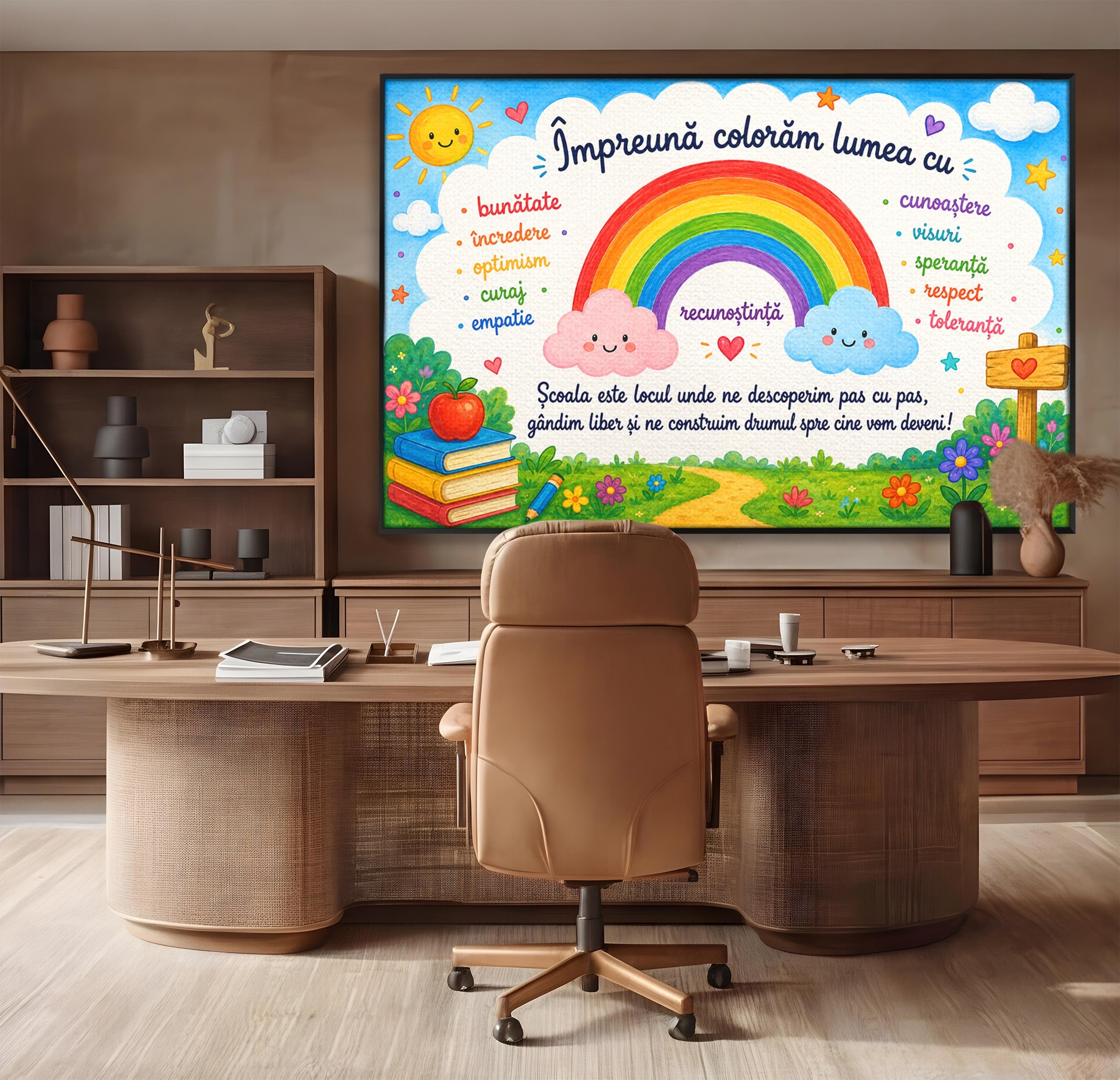 Tablou Canvas Premium LuxCanva® K1087, Curcubeu Alaturi De Nori, Curcubeu, Nori, Scoala, Optimism, Citate, Living, Copii, Culori Vibrante