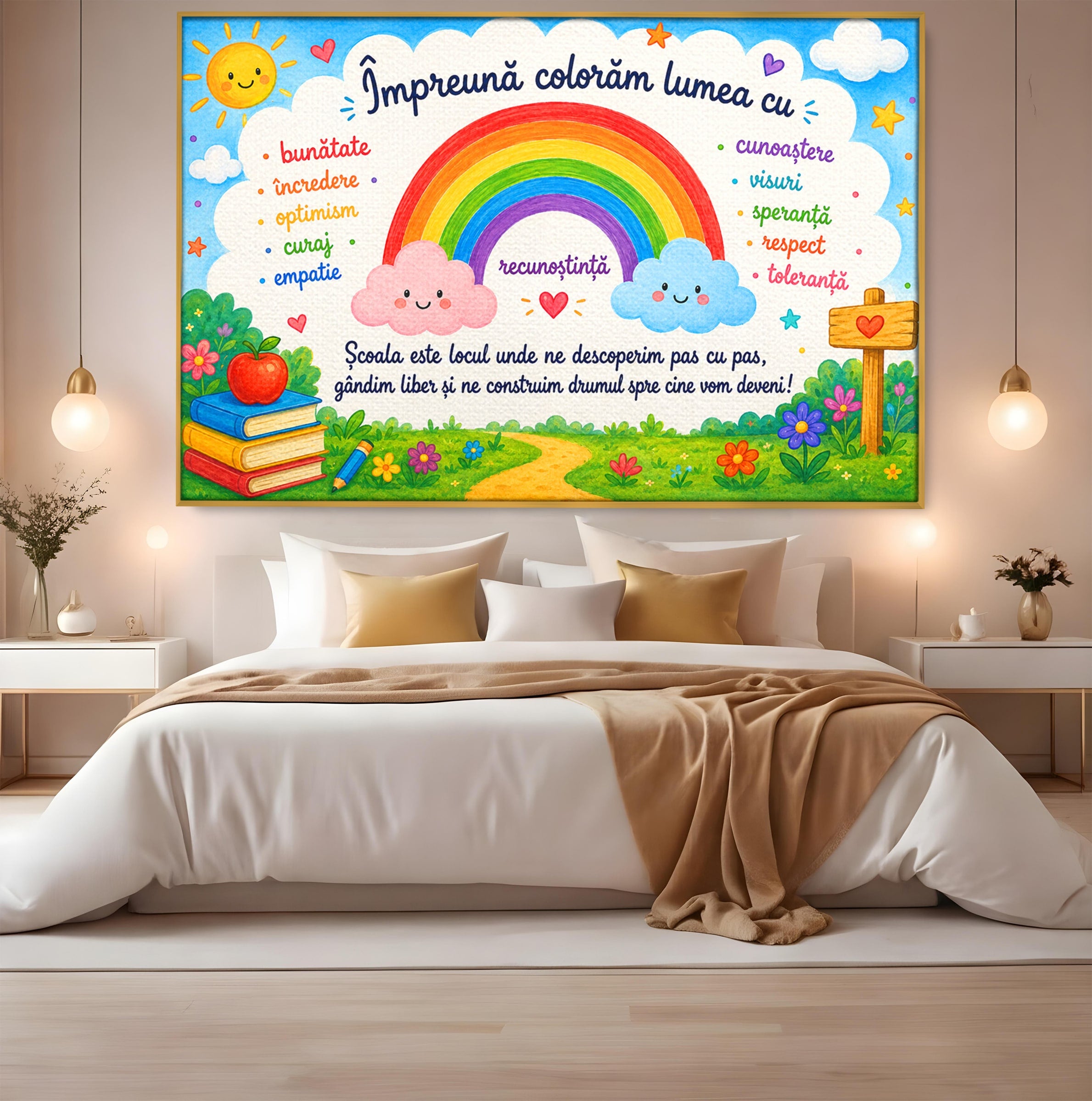 Tablou Canvas Premium LuxCanva® K1087, Curcubeu Alaturi De Nori, Curcubeu, Nori, Scoala, Optimism, Citate, Living, Copii, Culori Vibrante