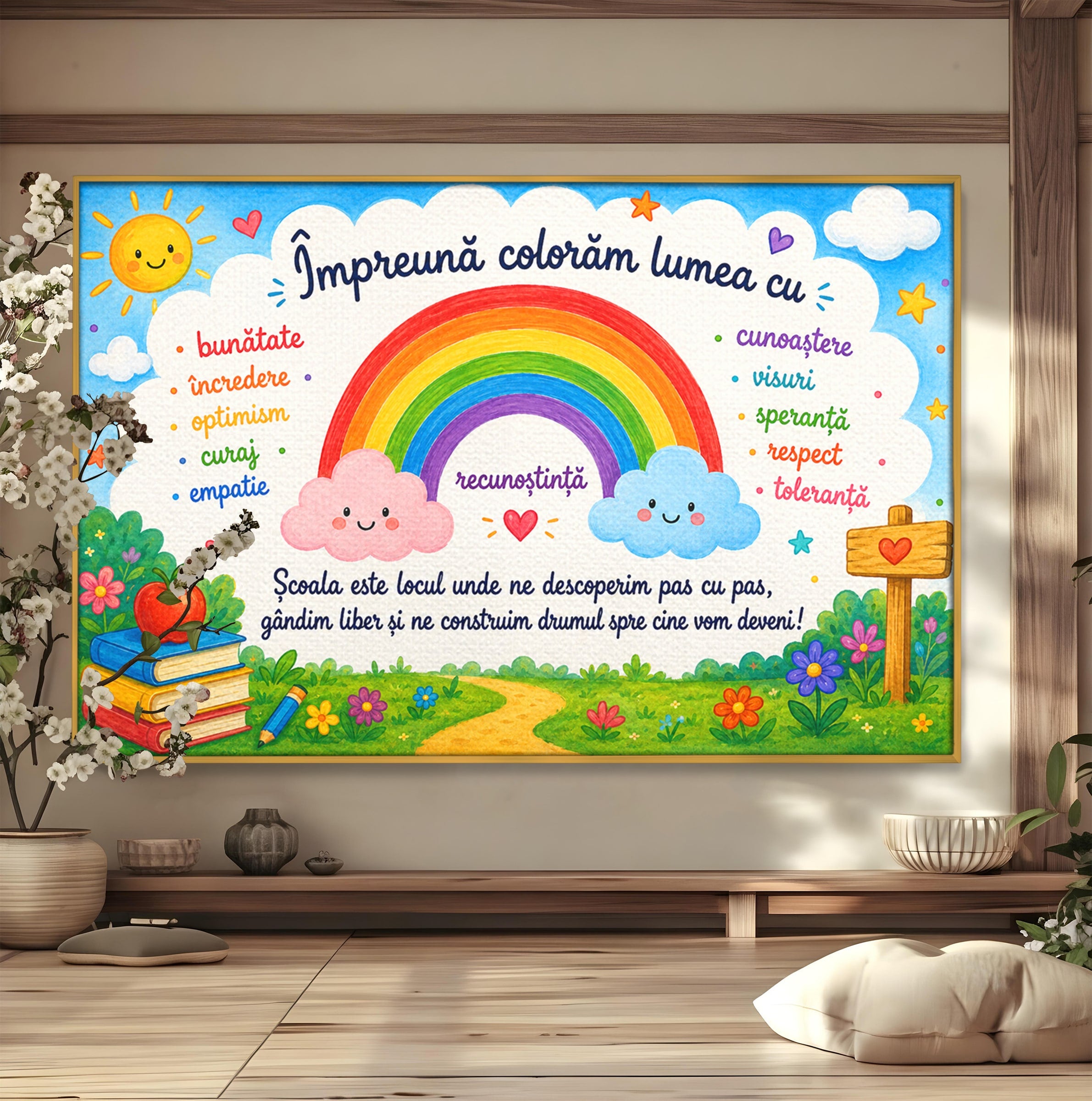 Tablou Canvas Premium LuxCanva® K1087, Curcubeu Alaturi De Nori, Curcubeu, Nori, Scoala, Optimism, Citate, Living, Copii, Culori Vibrante