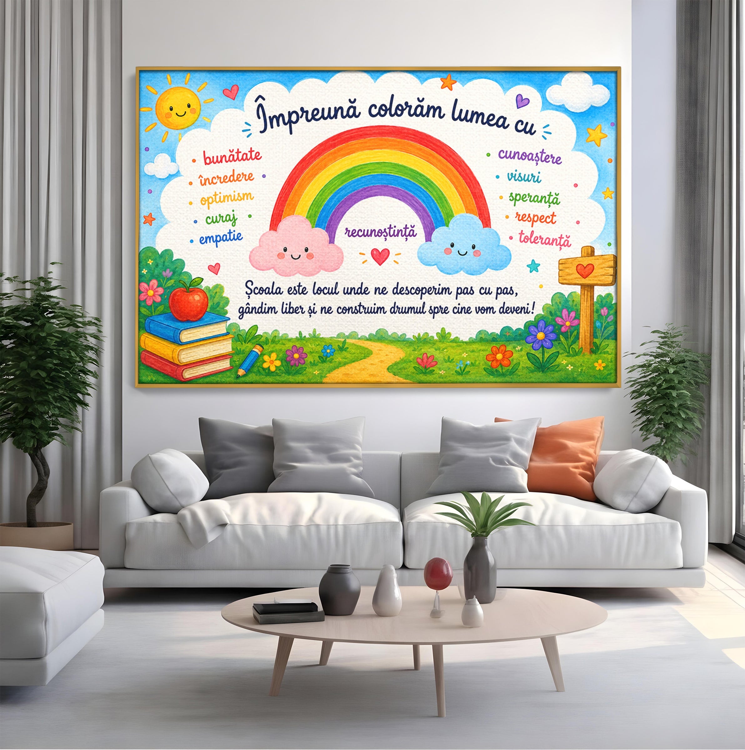 Tablou Canvas Premium LuxCanva® K1087, Curcubeu Alaturi De Nori, Curcubeu, Nori, Scoala, Optimism, Citate, Living, Copii, Culori Vibrante