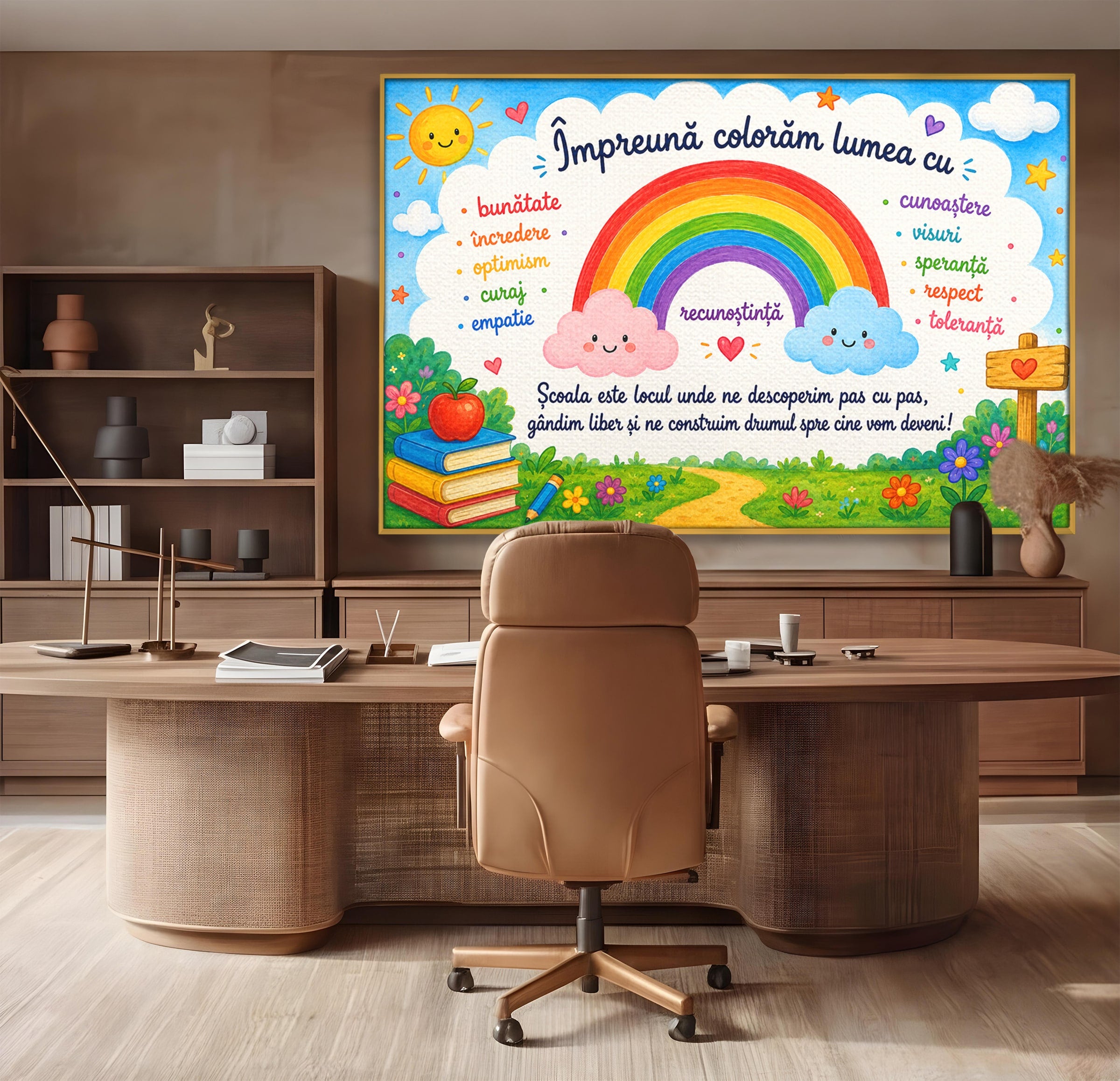 Tablou Canvas Premium LuxCanva® K1087, Curcubeu Alaturi De Nori, Curcubeu, Nori, Scoala, Optimism, Citate, Living, Copii, Culori Vibrante