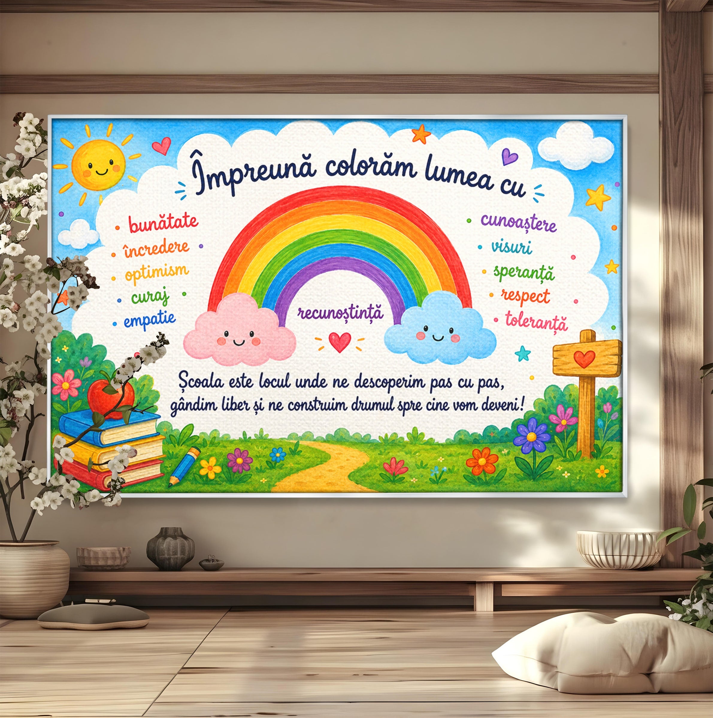 Tablou Canvas Premium LuxCanva® K1087, Curcubeu Alaturi De Nori, Curcubeu, Nori, Scoala, Optimism, Citate, Living, Copii, Culori Vibrante