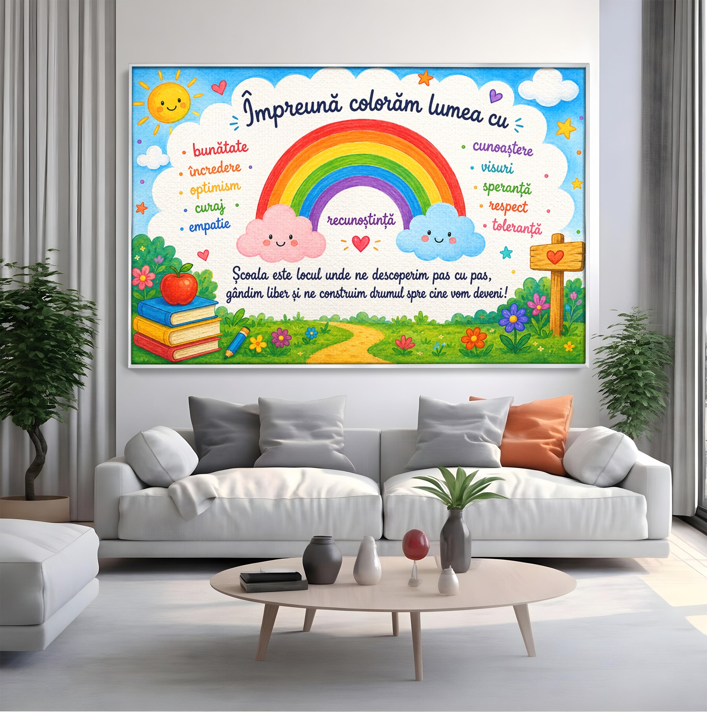 Tablou Canvas Premium LuxCanva® K1087, Curcubeu Alaturi De Nori, Curcubeu, Nori, Scoala, Optimism, Citate, Living, Copii, Culori Vibrante