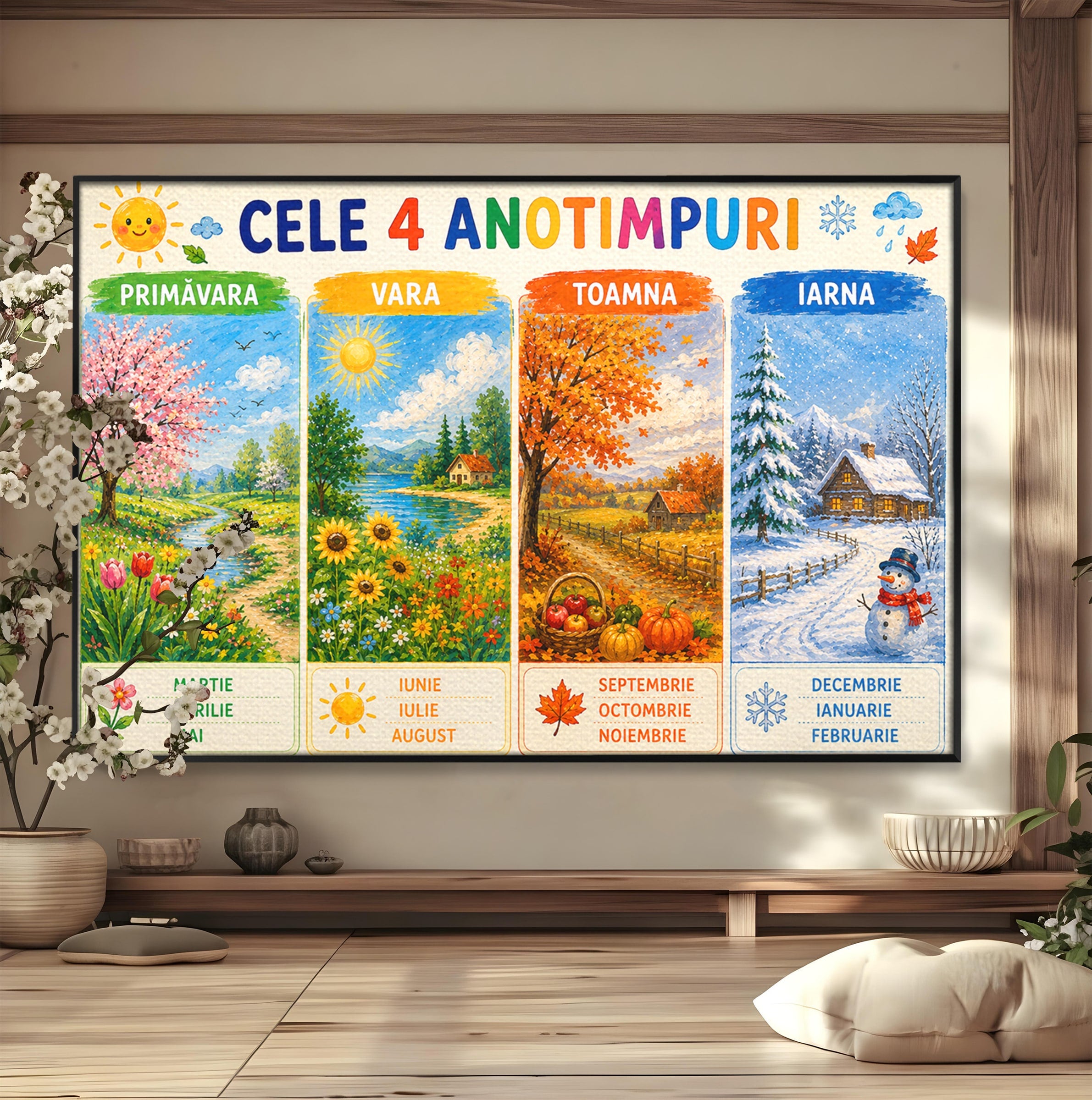 Tablou Canvas Premium LuxCanva® K1089, Cele Patru Anotimpuri, Anotimpuri, Natura, Peisaj, Living, Educativ, Culori Vibrante
