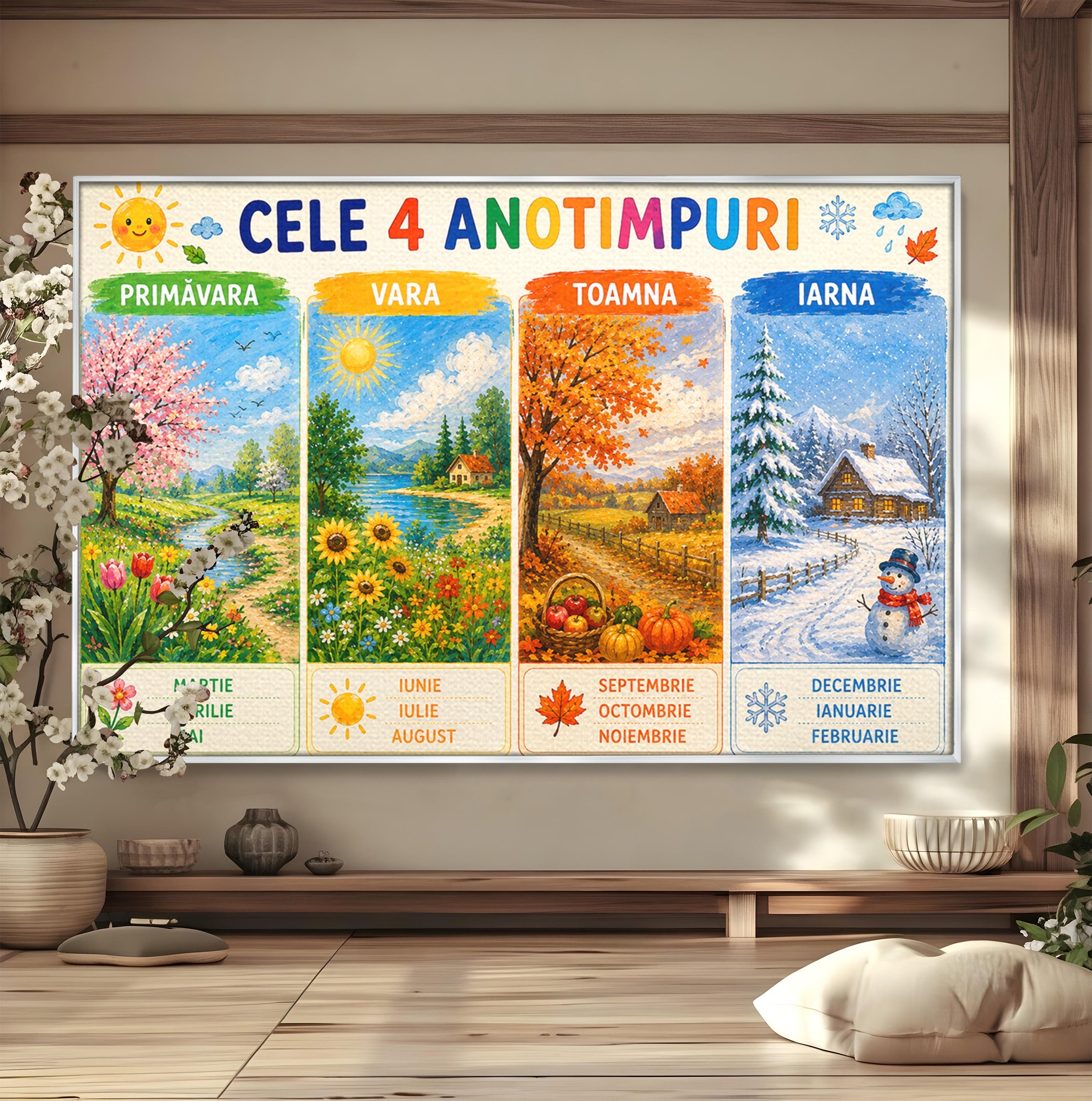 Tablou Canvas Premium LuxCanva® K1089, Cele Patru Anotimpuri, Anotimpuri, Natura, Peisaj, Living, Educativ, Culori Vibrante