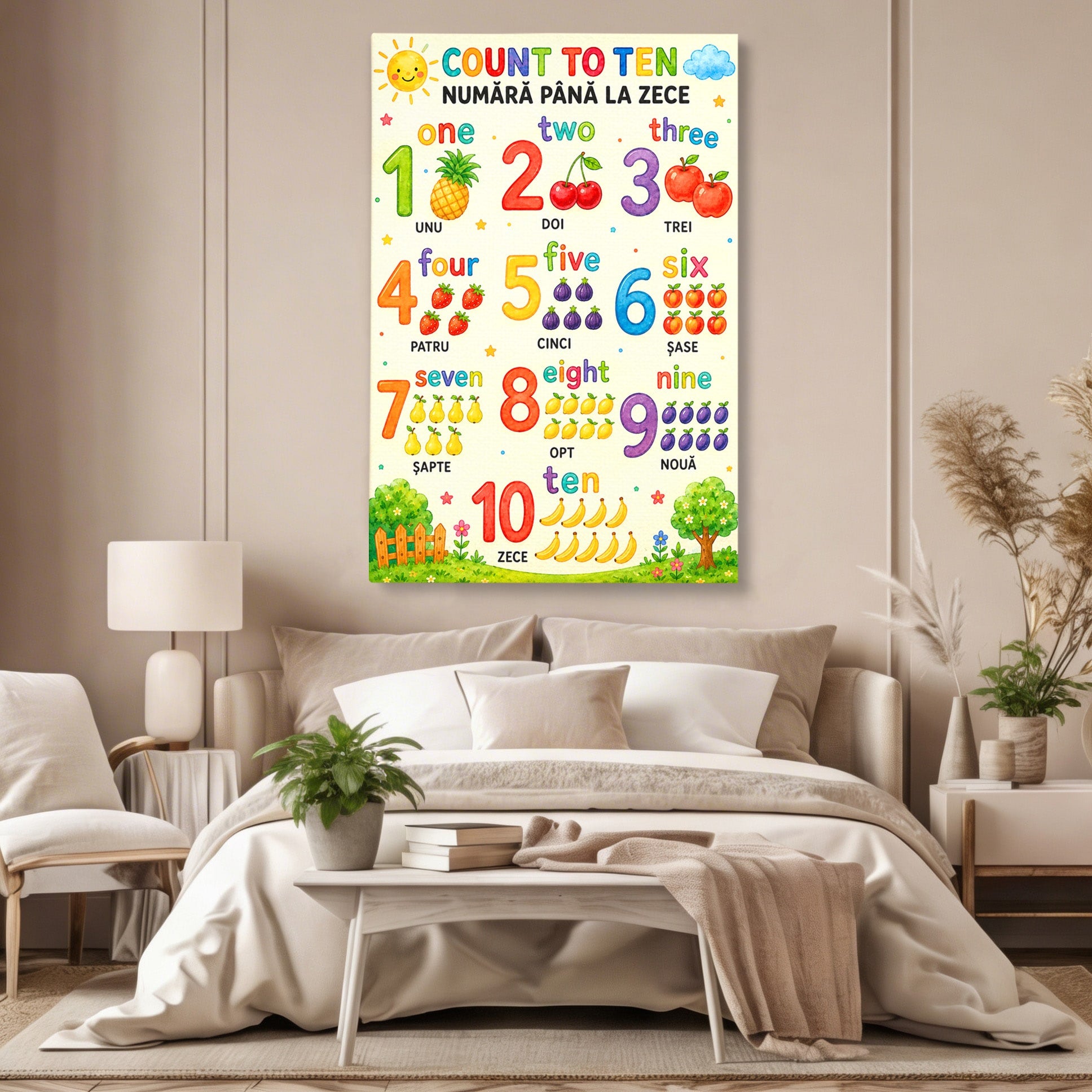Tablou Canvas Premium LuxCanva® K1090, Numara Pana La Zece, Numere, Educatie, Copii, Invatare, Camera Copii, Culori Vibrante