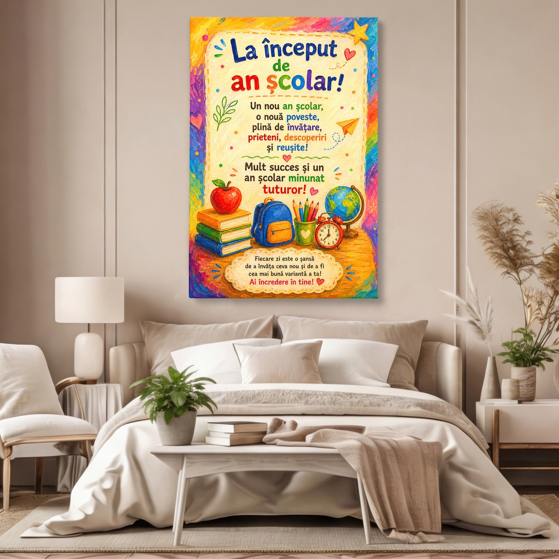 Tablou Canvas Premium LuxCanva® K1092, Inceput De An Scolar, Scoala, Educatie, Copii, Invatare, Birou, Culori Vibrante