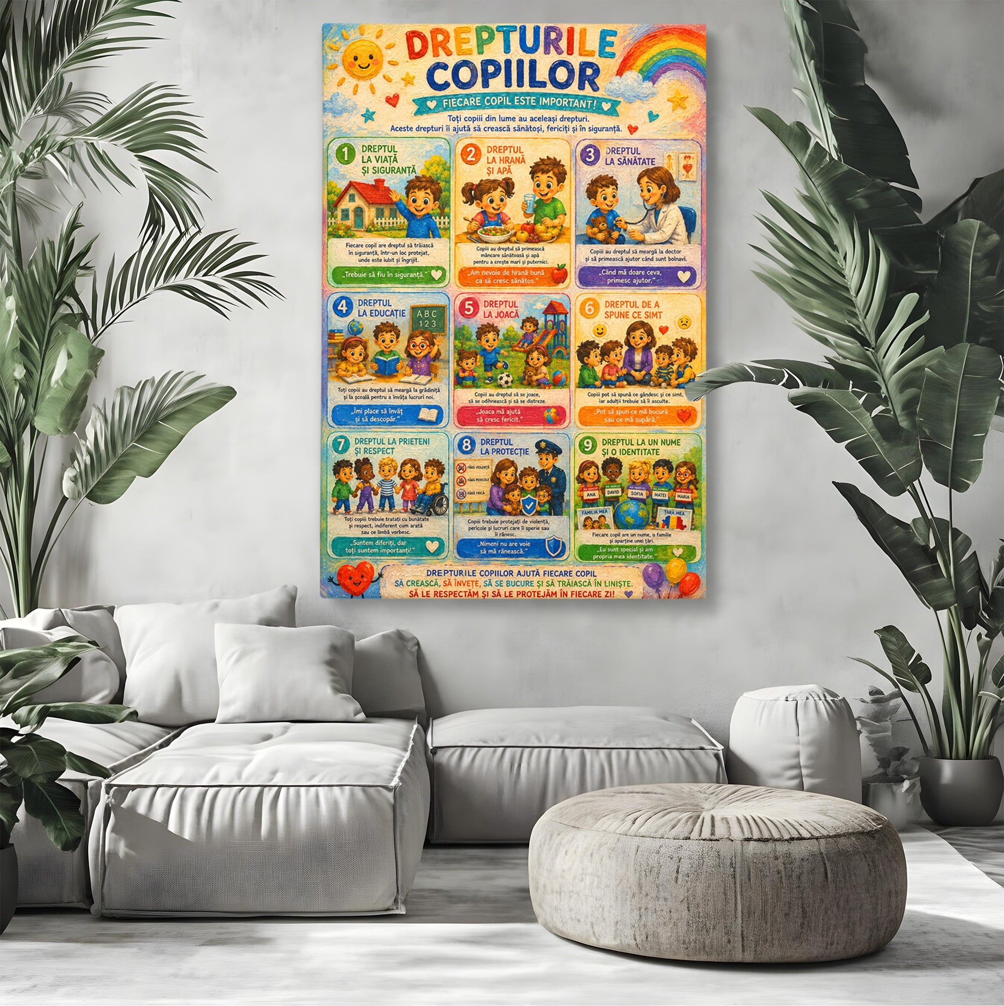 Tablou Canvas Premium LuxCanva® K1093, Drepturile Copiilor, Copii, Educatie, Drepturi, Colorat, Camera Copiilor, Culori Vibrante