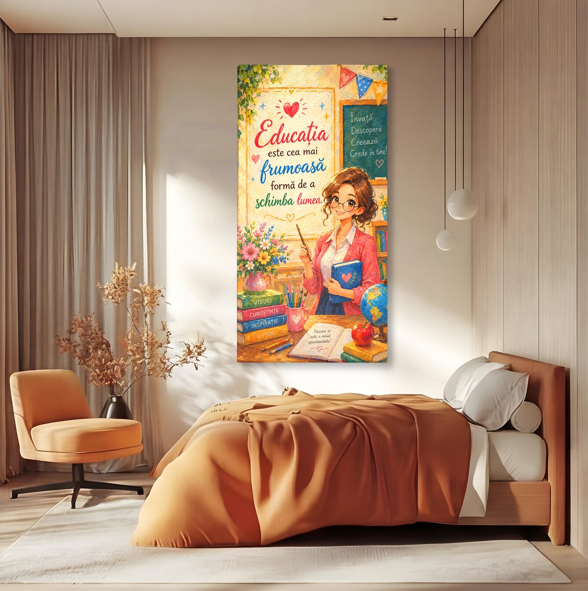 Tablou Canvas Premium LuxCanva® K1095, Educatia Schimba Lumea, Educatie, Inspiratie, Scoala, Birou, Citate, Culori Vibrante