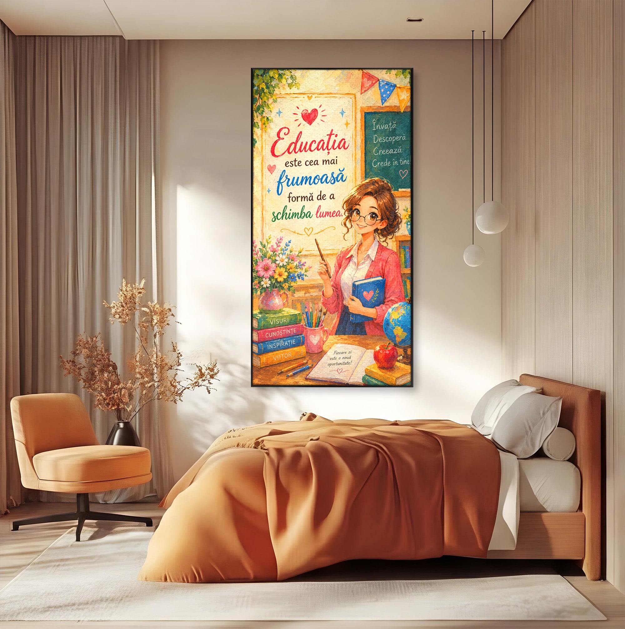 Tablou Canvas Premium LuxCanva® K1095, Educatia Schimba Lumea, Educatie, Inspiratie, Scoala, Birou, Citate, Culori Vibrante