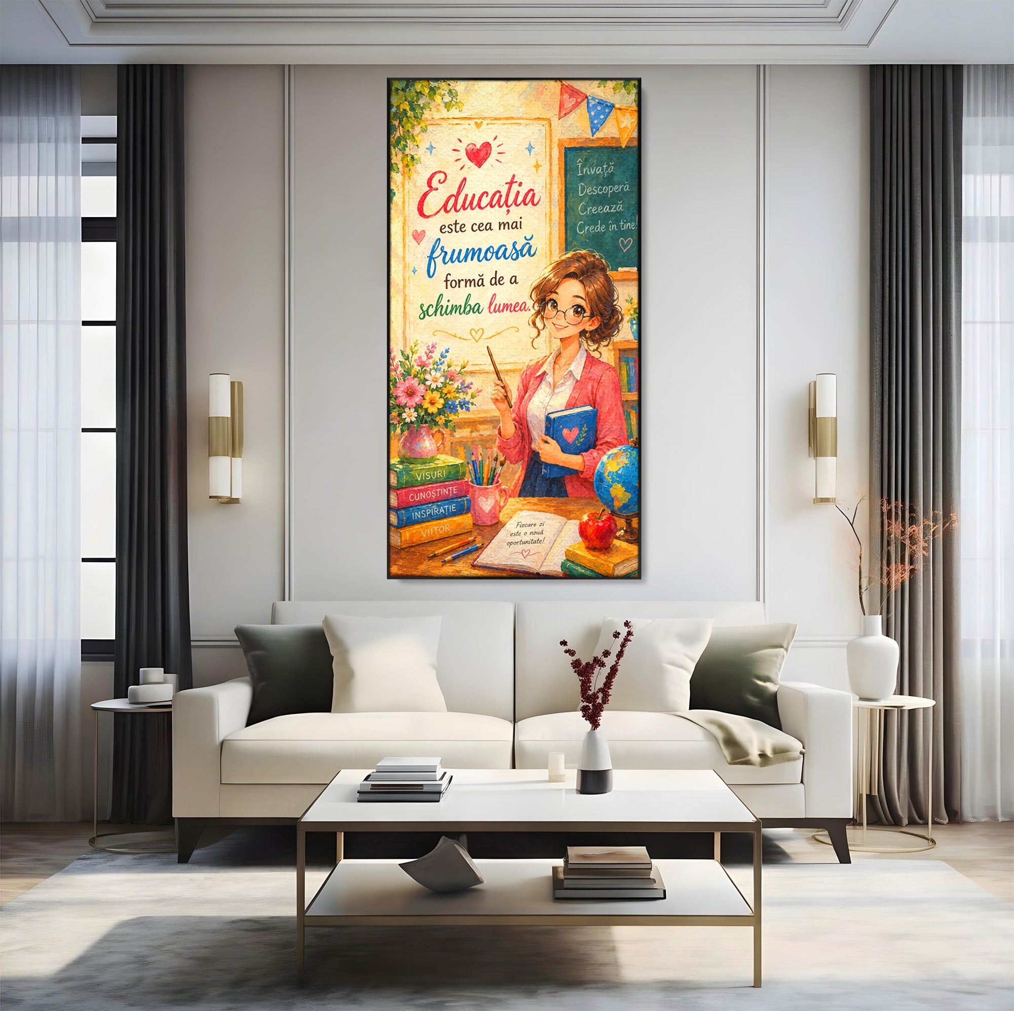 Tablou Canvas Premium LuxCanva® K1095, Educatia Schimba Lumea, Educatie, Inspiratie, Scoala, Birou, Citate, Culori Vibrante