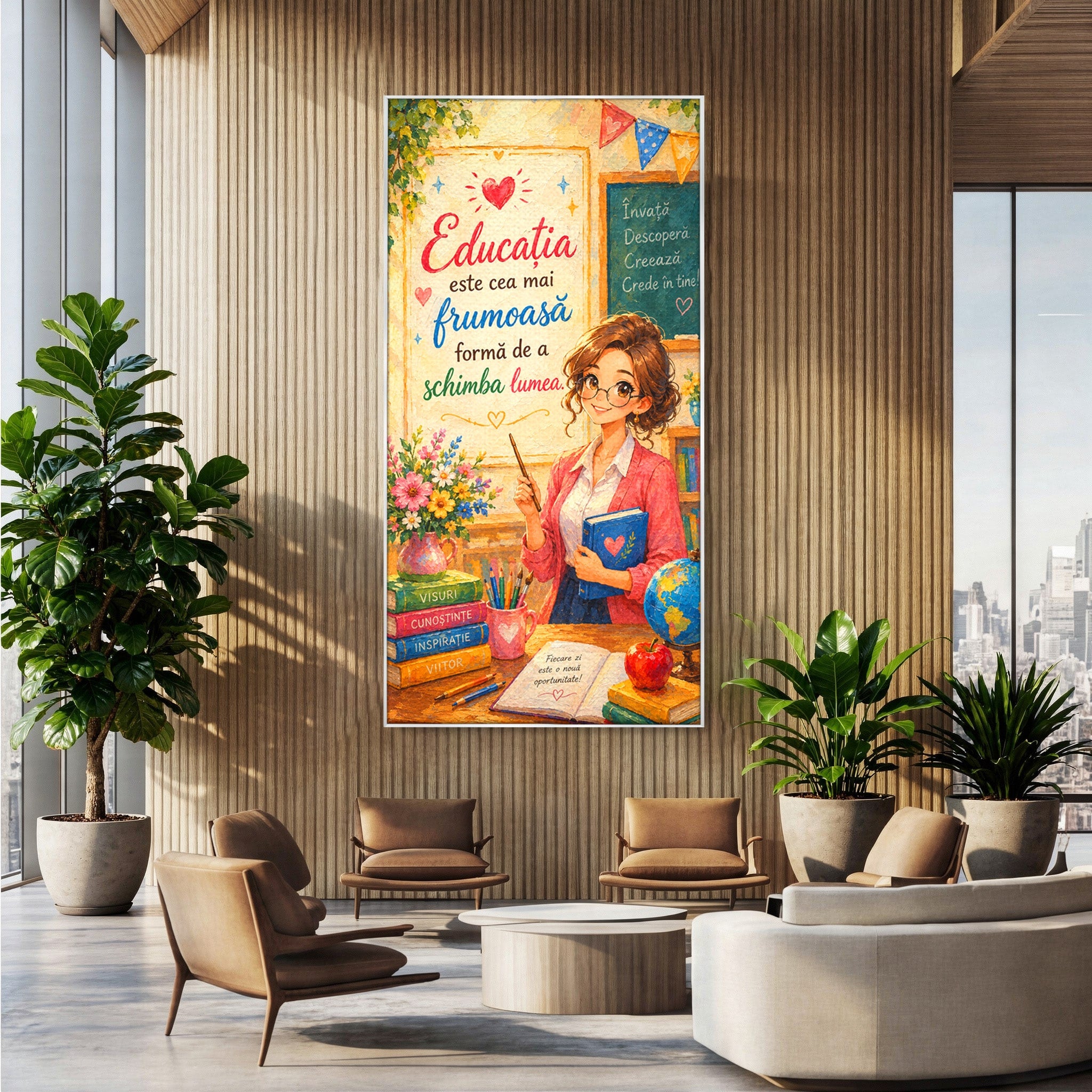 Tablou Canvas Premium LuxCanva® K1095, Educatia Schimba Lumea, Educatie, Inspiratie, Scoala, Birou, Citate, Culori Vibrante