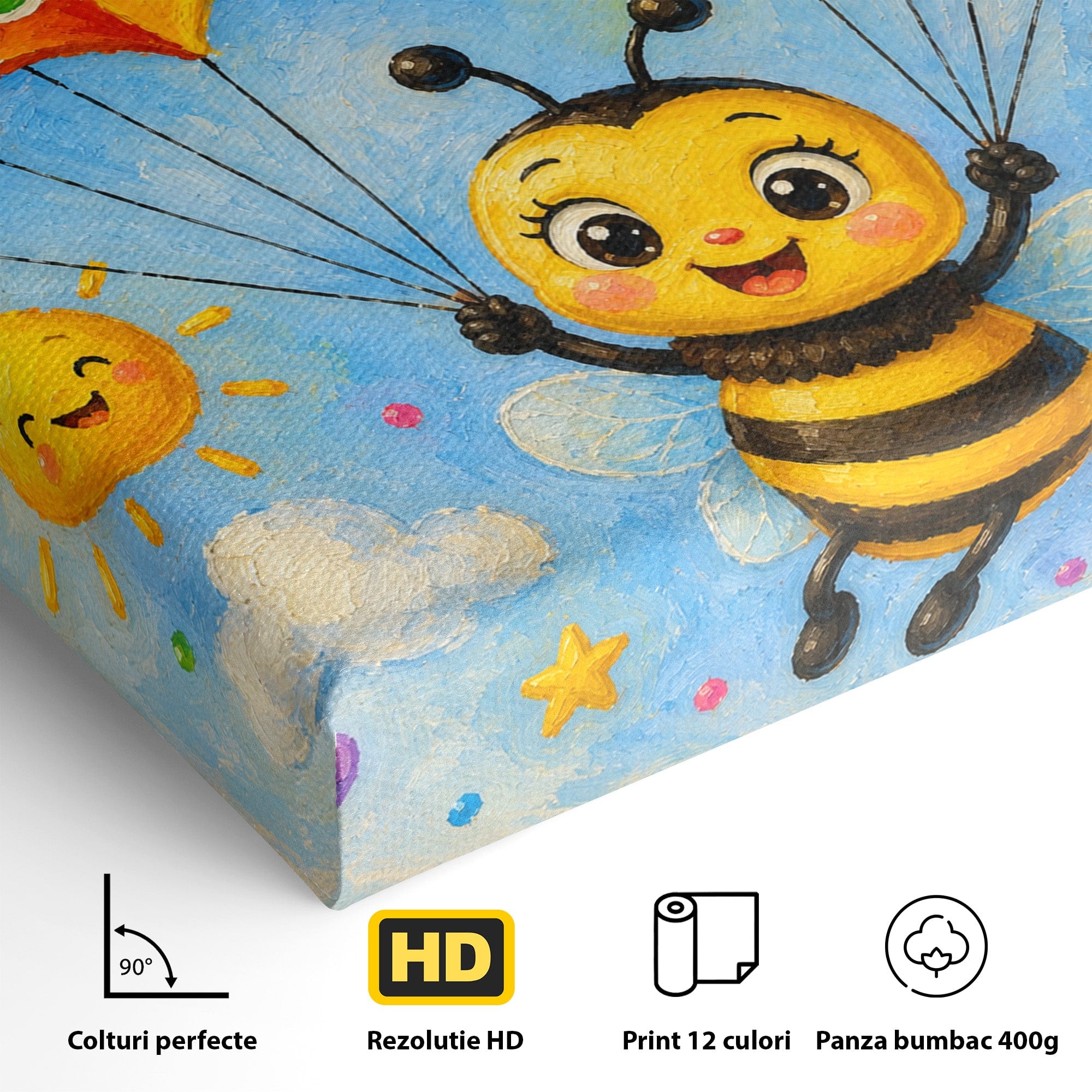 Tablou Canvas Premium LuxCanva® K1096, Albinuta Parasutista, Albinuta, Curcubeu, Gradinita, Copii, Veselie, Camera Copiilor, Culori Vibrante