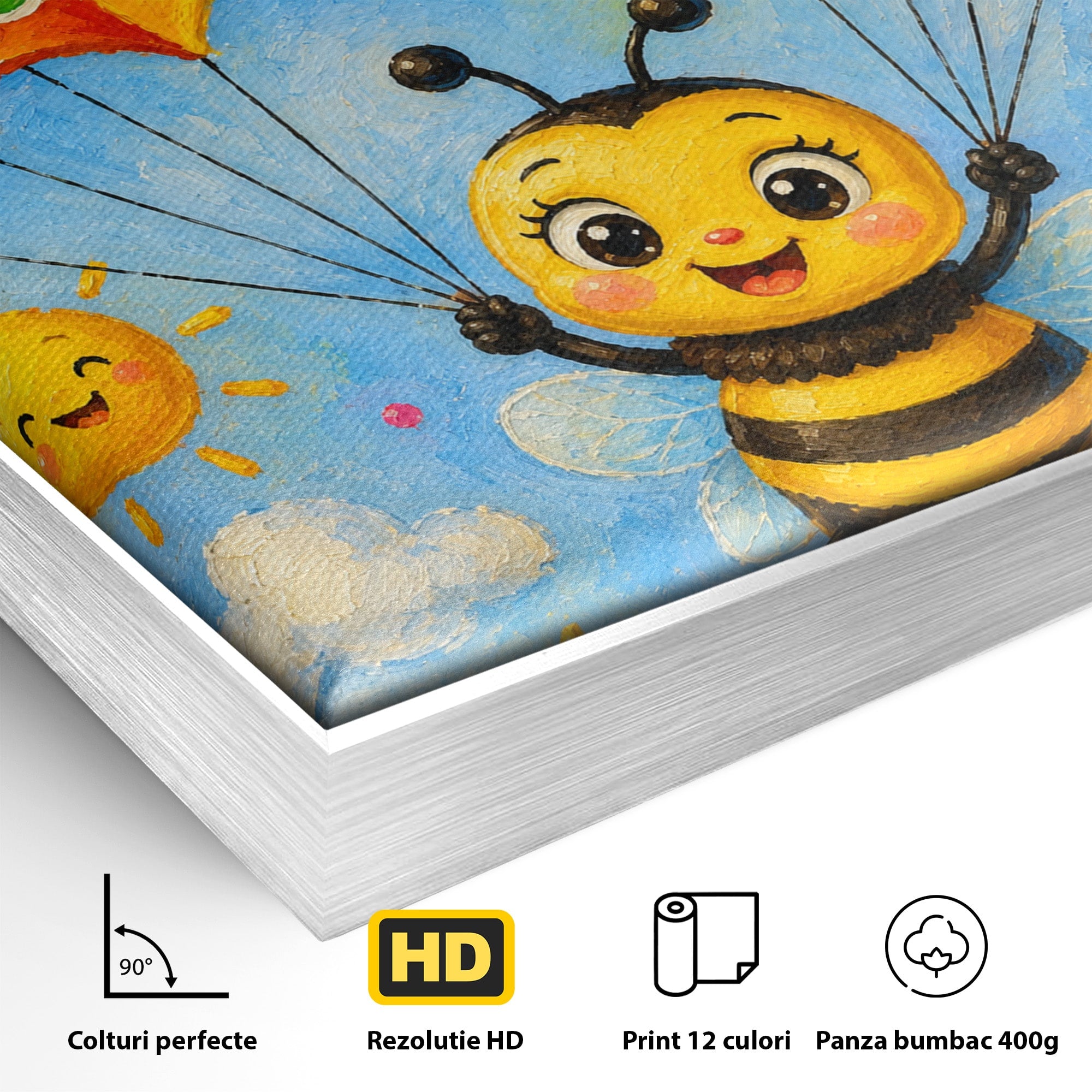 Tablou Canvas Premium LuxCanva® K1096, Albinuta Parasutista, Albinuta, Curcubeu, Gradinita, Copii, Veselie, Camera Copiilor, Culori Vibrante