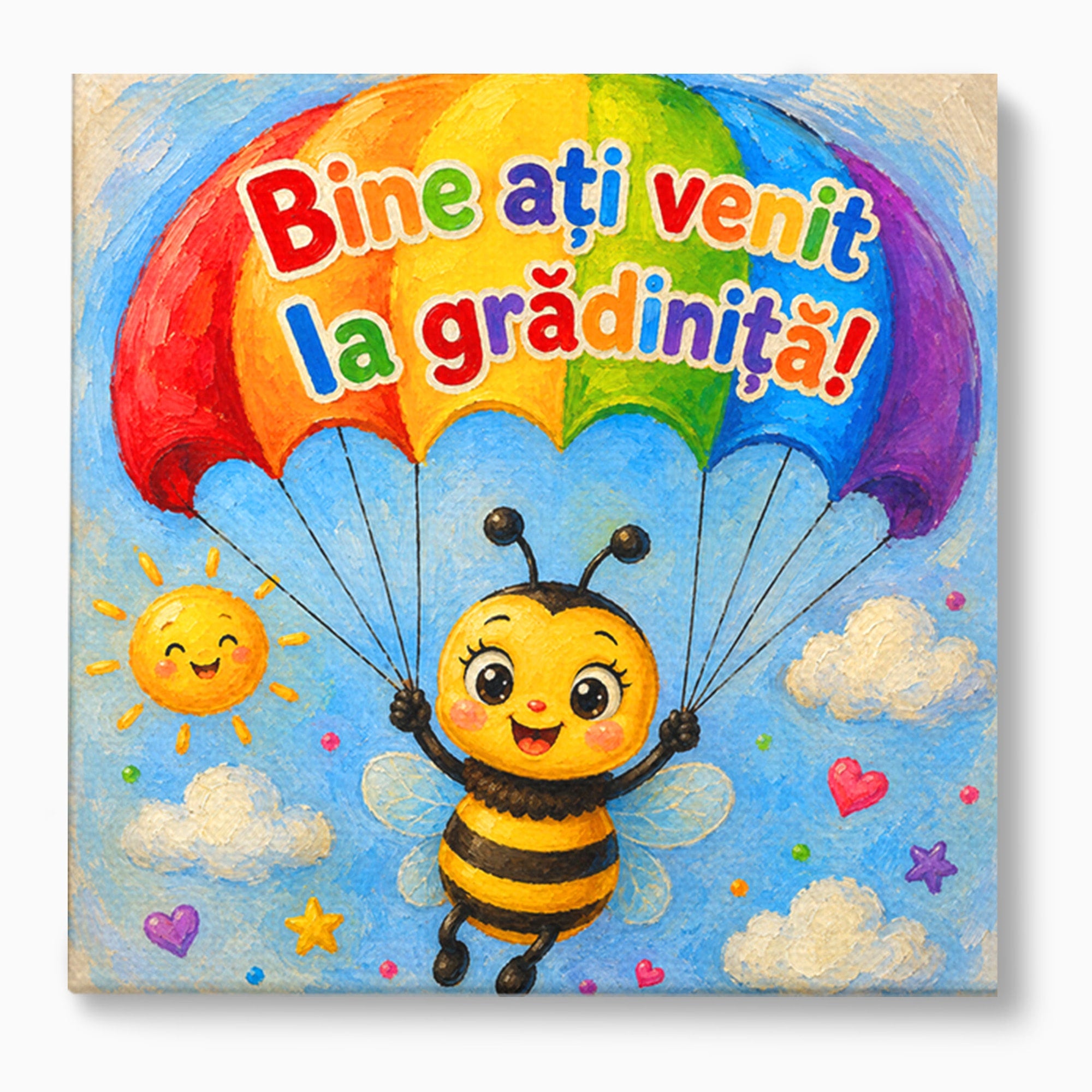 Tablou Canvas Premium LuxCanva® K1096, Albinuta Parasutista, Albinuta, Curcubeu, Gradinita, Copii, Veselie, Camera Copiilor, Culori Vibrante