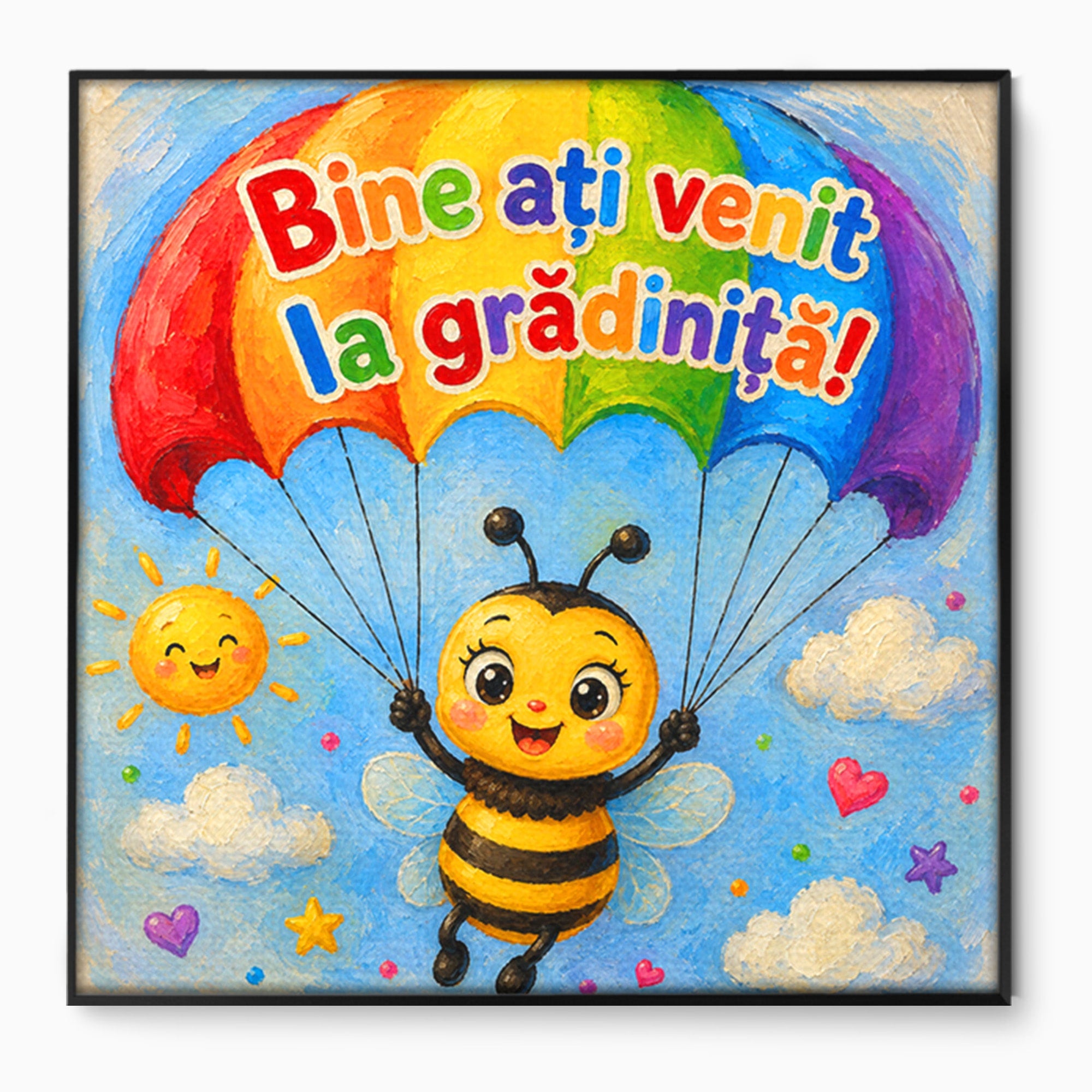 Tablou Canvas Premium LuxCanva® K1096, Albinuta Parasutista, Albinuta, Curcubeu, Gradinita, Copii, Veselie, Camera Copiilor, Culori Vibrante