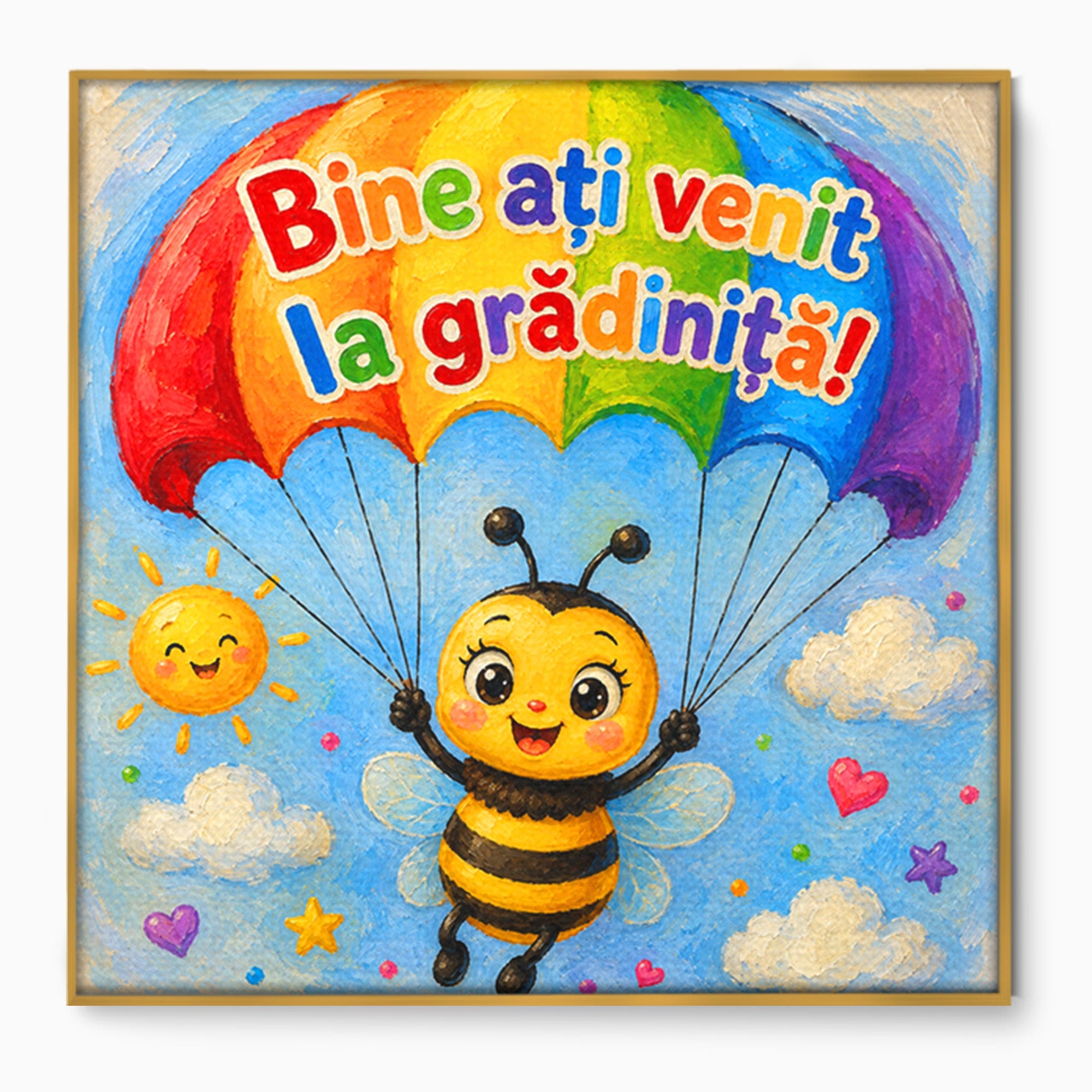 Tablou Canvas Premium LuxCanva® K1096, Albinuta Parasutista, Albinuta, Curcubeu, Gradinita, Copii, Veselie, Camera Copiilor, Culori Vibrante