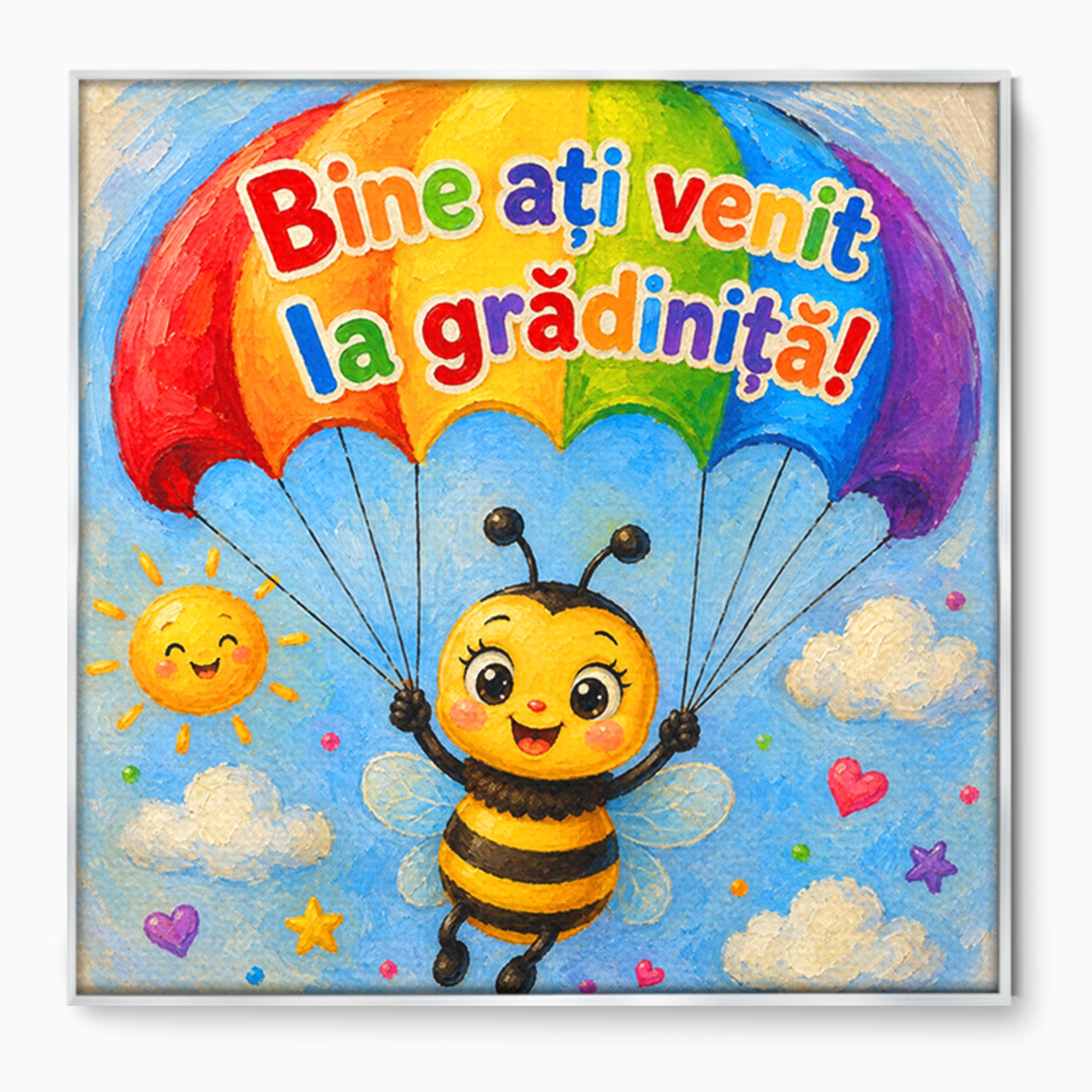 Tablou Canvas Premium LuxCanva® K1096, Albinuta Parasutista, Albinuta, Curcubeu, Gradinita, Copii, Veselie, Camera Copiilor, Culori Vibrante
