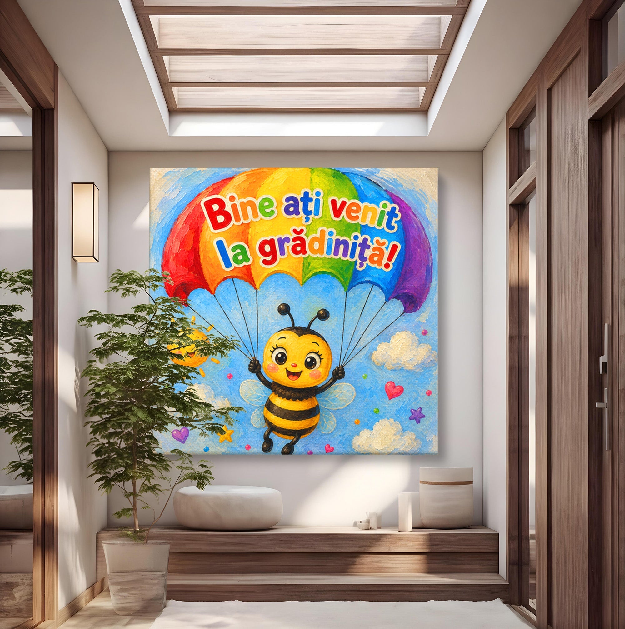 Tablou Canvas Premium LuxCanva® K1096, Albinuta Parasutista, Albinuta, Curcubeu, Gradinita, Copii, Veselie, Camera Copiilor, Culori Vibrante