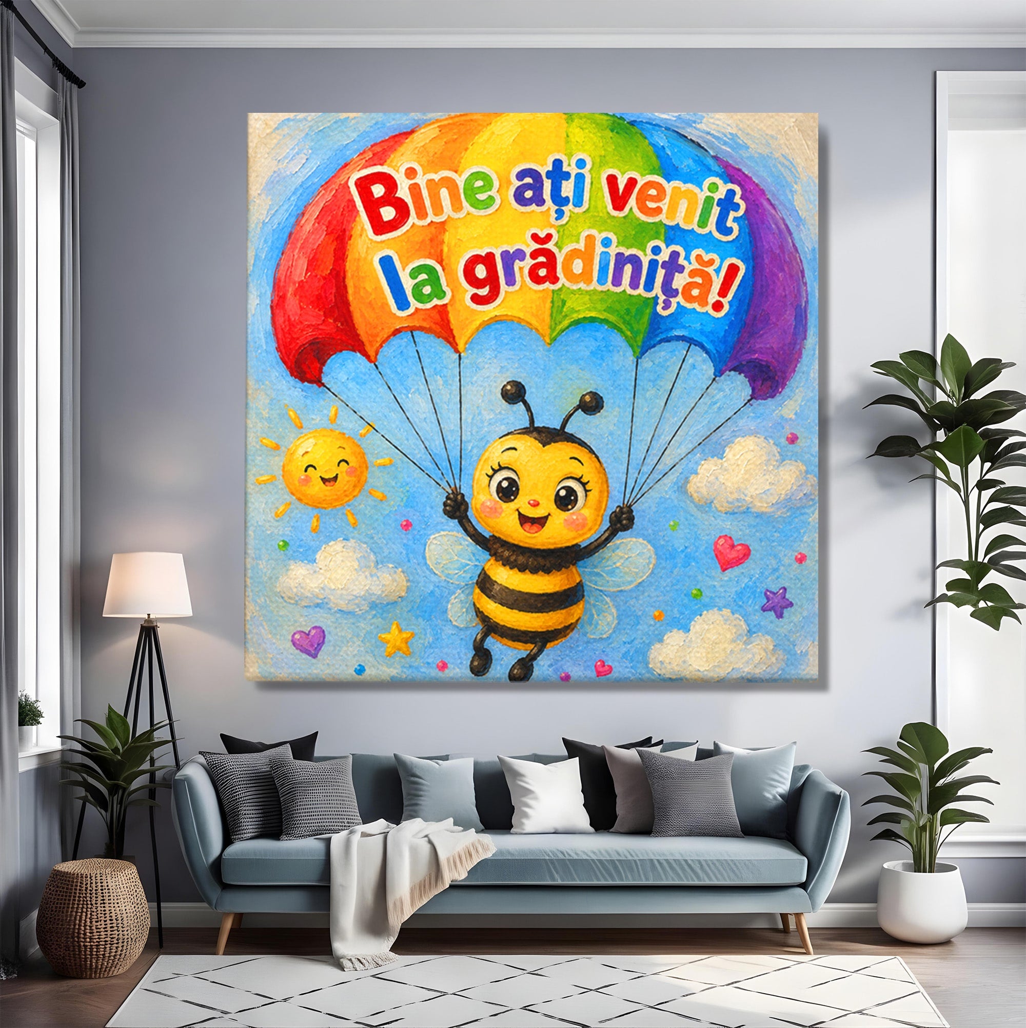 Tablou Canvas Premium LuxCanva® K1096, Albinuta Parasutista, Albinuta, Curcubeu, Gradinita, Copii, Veselie, Camera Copiilor, Culori Vibrante