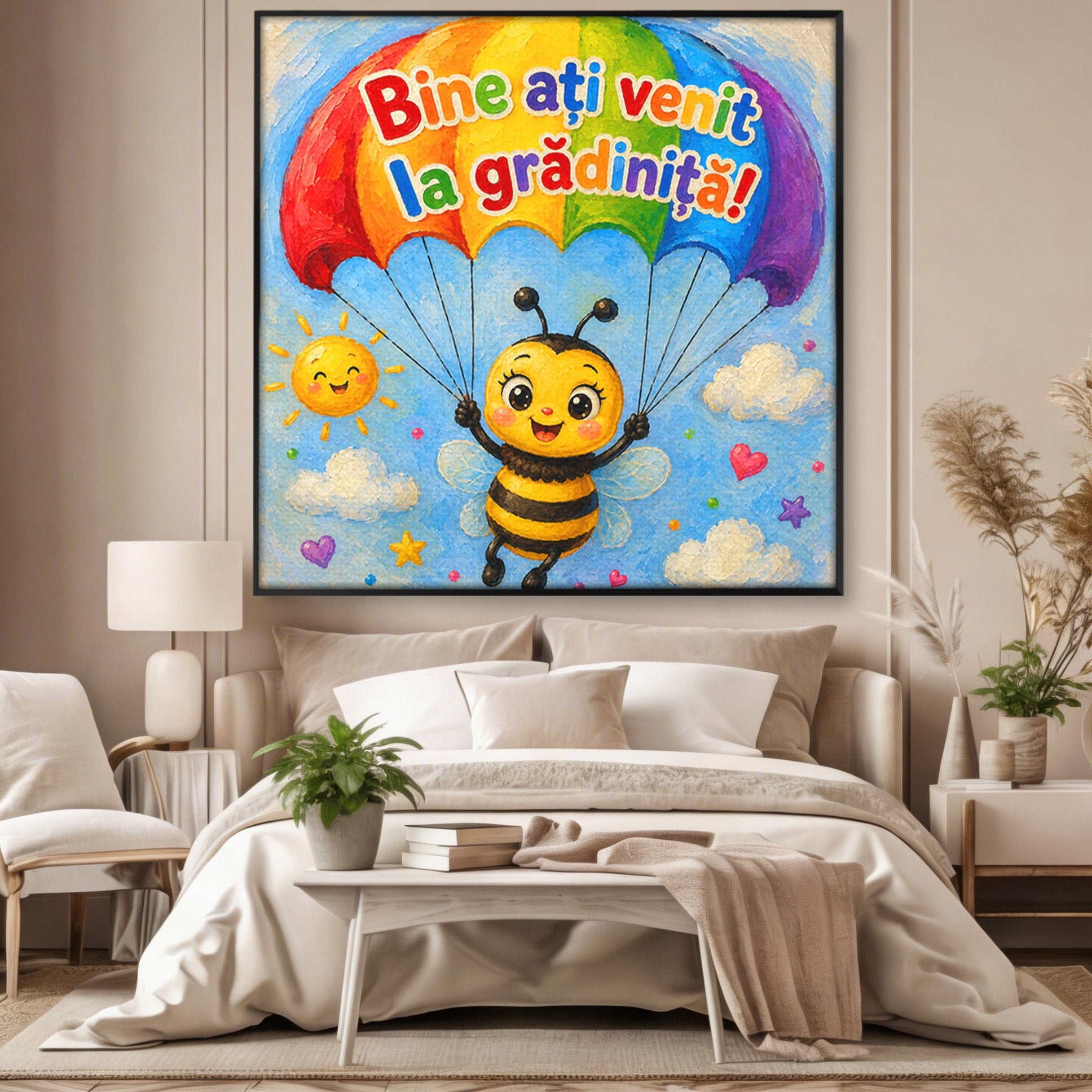 Tablou Canvas Premium LuxCanva® K1096, Albinuta Parasutista, Albinuta, Curcubeu, Gradinita, Copii, Veselie, Camera Copiilor, Culori Vibrante