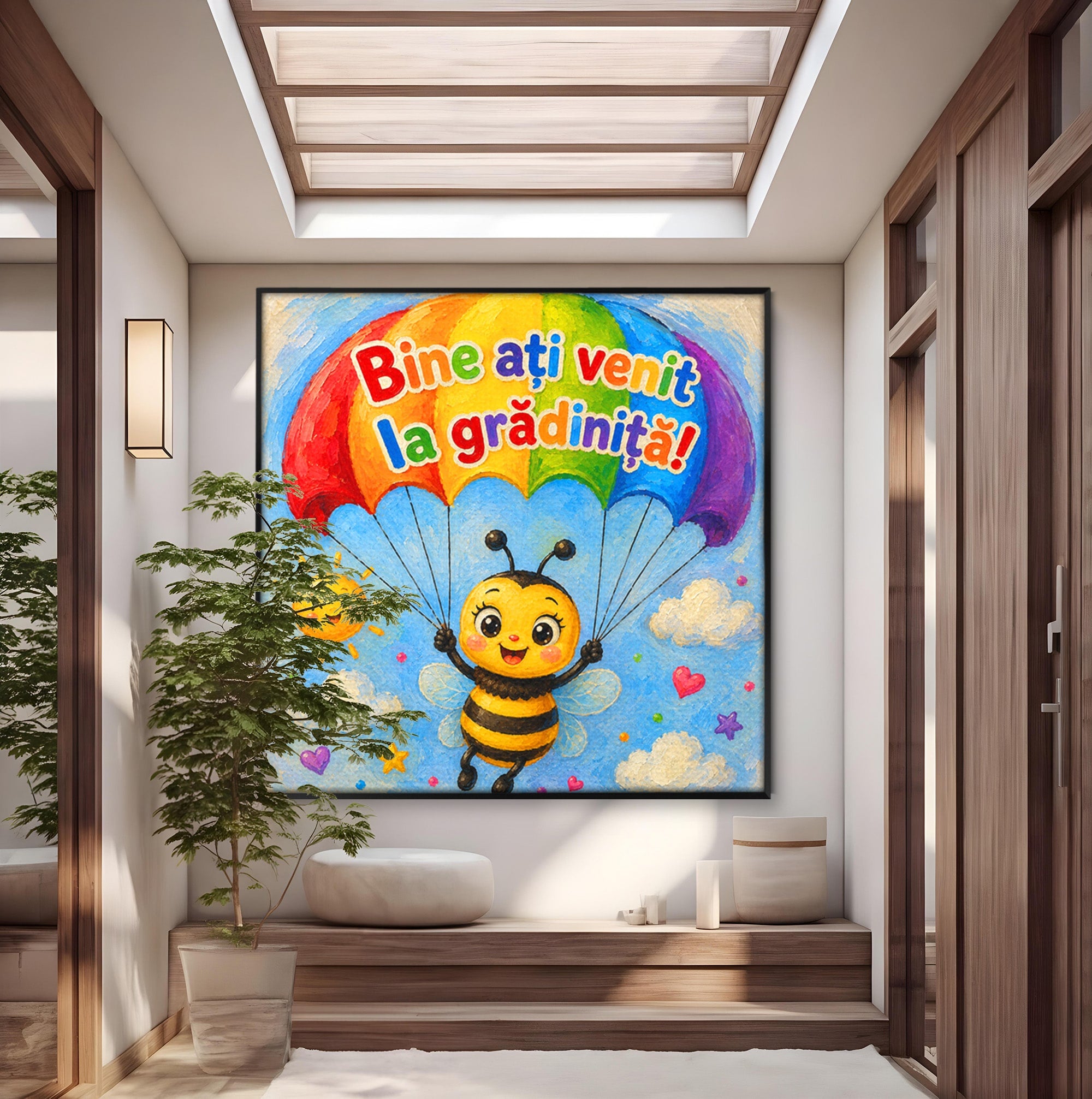 Tablou Canvas Premium LuxCanva® K1096, Albinuta Parasutista, Albinuta, Curcubeu, Gradinita, Copii, Veselie, Camera Copiilor, Culori Vibrante