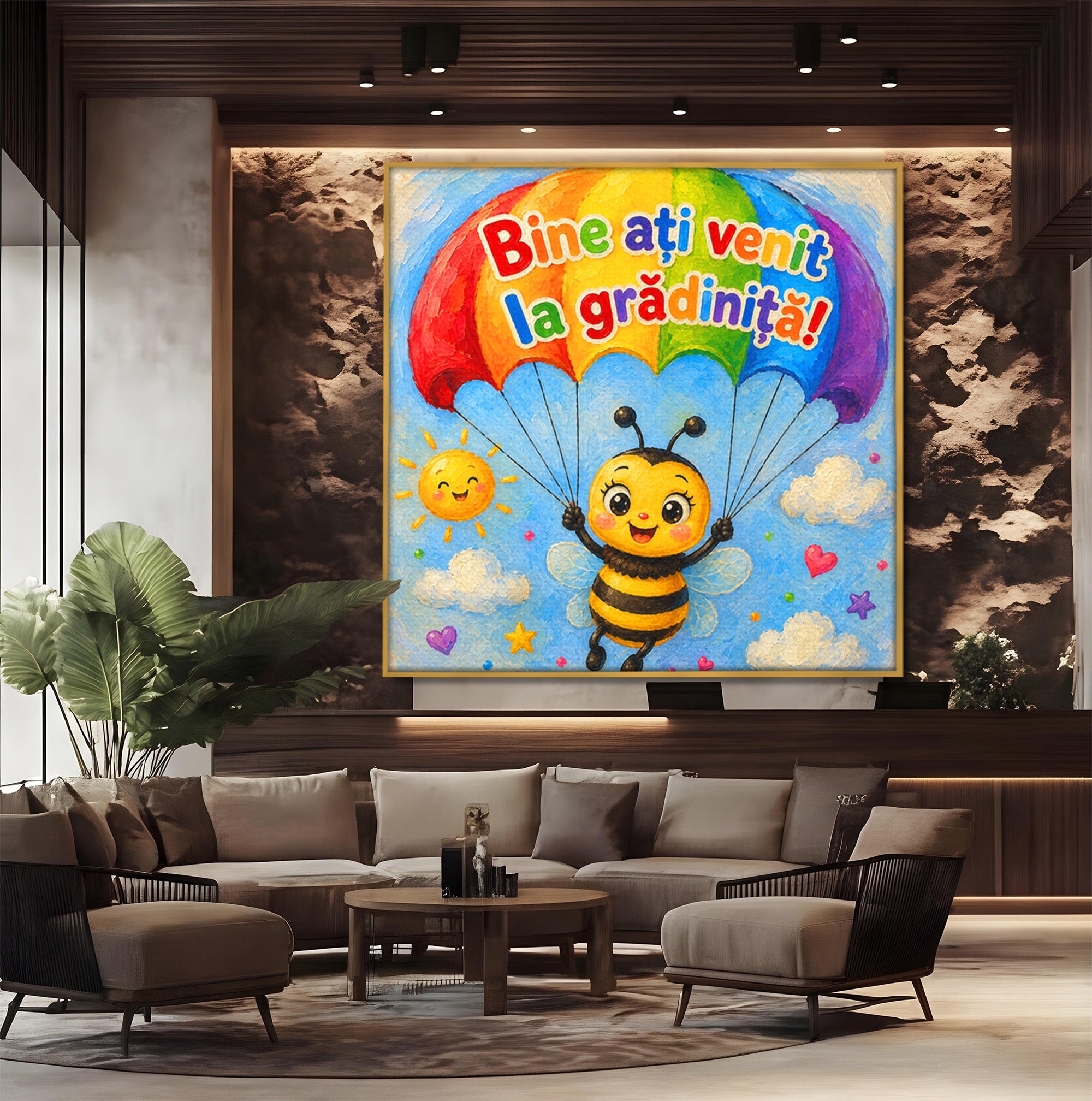 Tablou Canvas Premium LuxCanva® K1096, Albinuta Parasutista, Albinuta, Curcubeu, Gradinita, Copii, Veselie, Camera Copiilor, Culori Vibrante