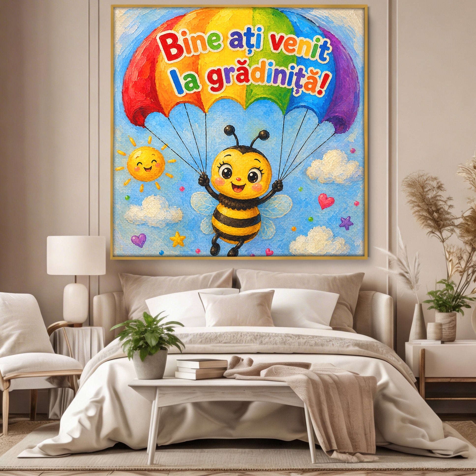 Tablou Canvas Premium LuxCanva® K1096, Albinuta Parasutista, Albinuta, Curcubeu, Gradinita, Copii, Veselie, Camera Copiilor, Culori Vibrante