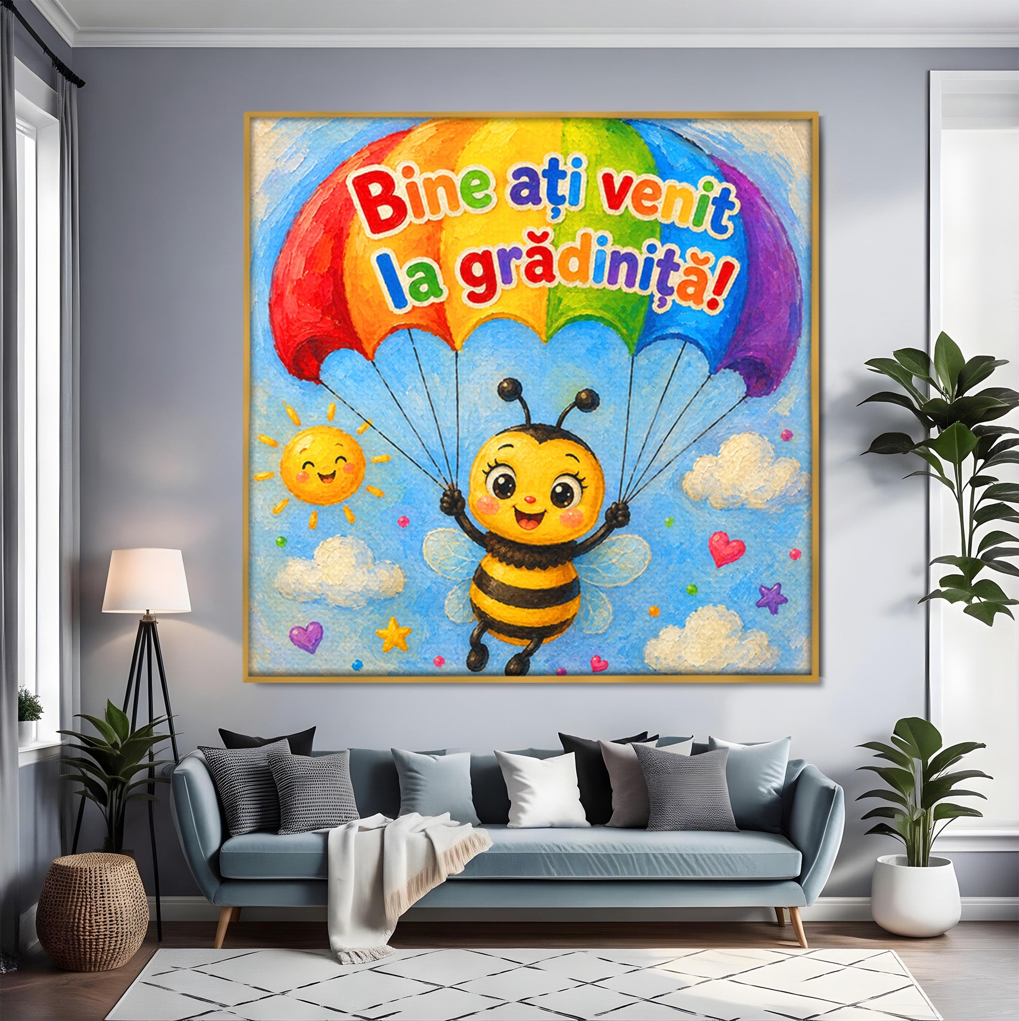 Tablou Canvas Premium LuxCanva® K1096, Albinuta Parasutista, Albinuta, Curcubeu, Gradinita, Copii, Veselie, Camera Copiilor, Culori Vibrante