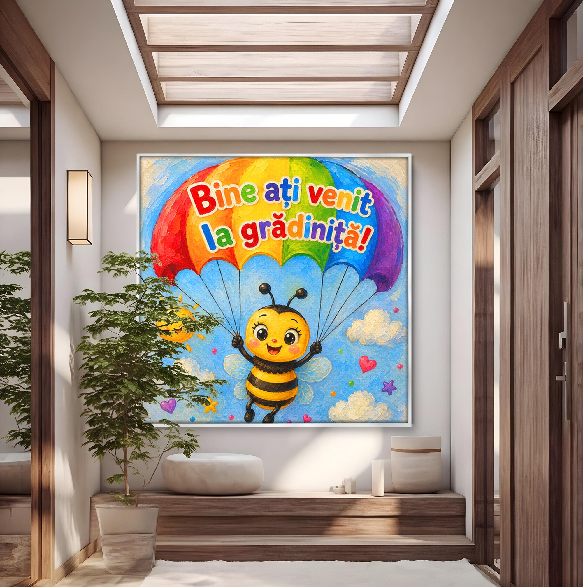 Tablou Canvas Premium LuxCanva® K1096, Albinuta Parasutista, Albinuta, Curcubeu, Gradinita, Copii, Veselie, Camera Copiilor, Culori Vibrante