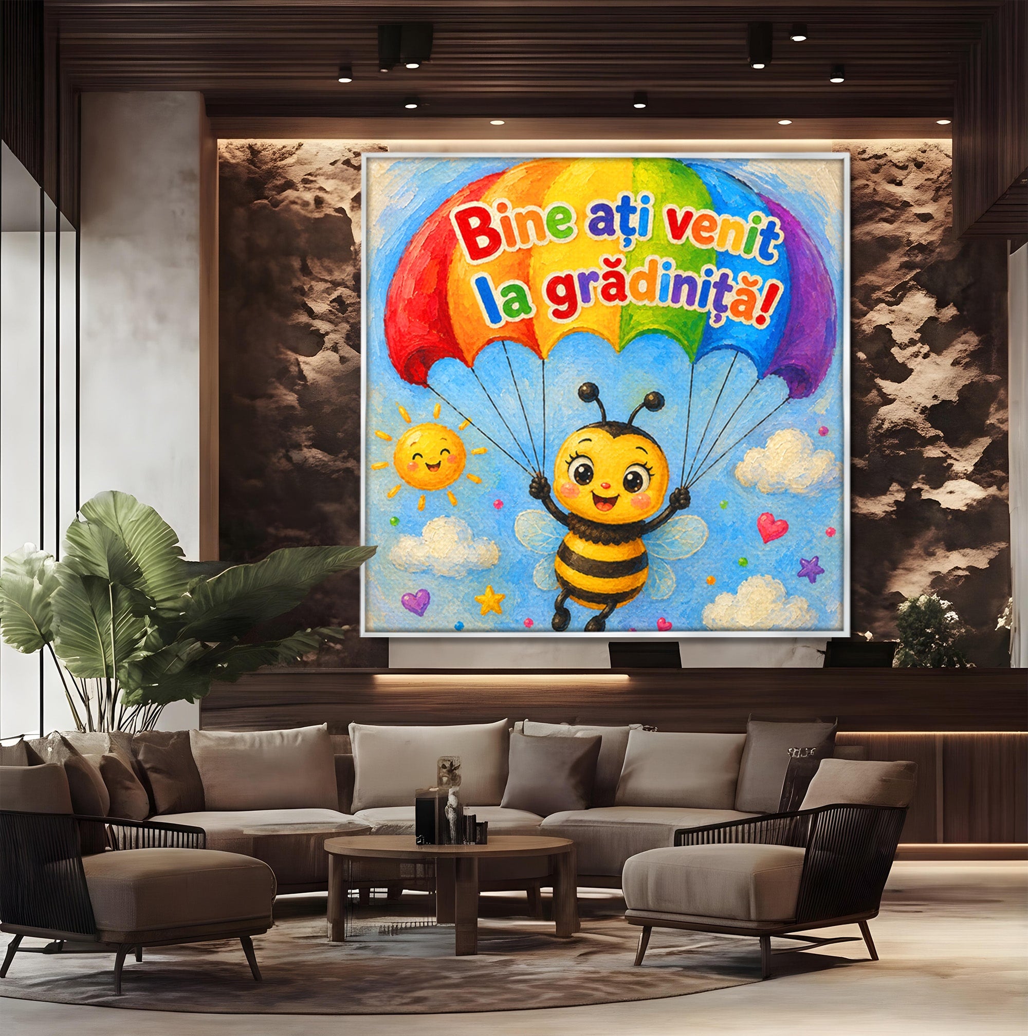 Tablou Canvas Premium LuxCanva® K1096, Albinuta Parasutista, Albinuta, Curcubeu, Gradinita, Copii, Veselie, Camera Copiilor, Culori Vibrante