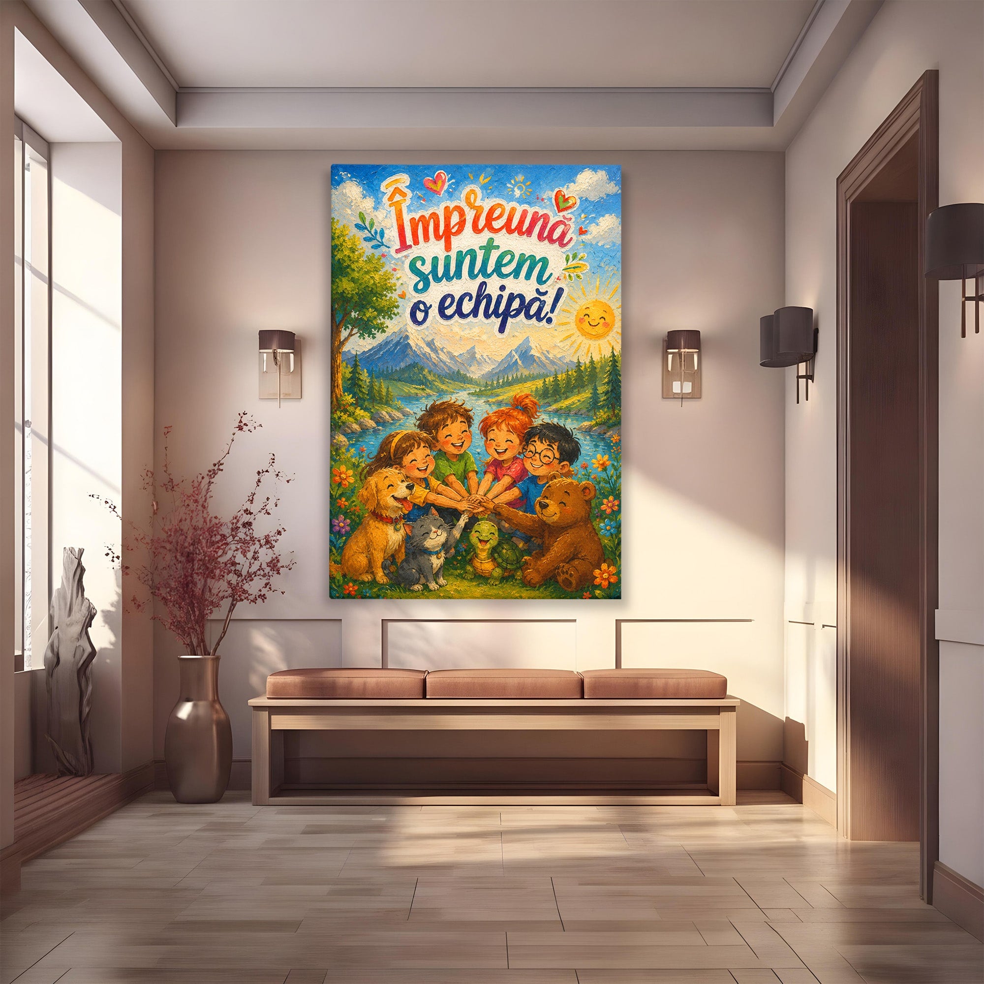 Tablou Canvas Premium LuxCanva® K1098, Impreuna Suntem O Echipa, Copii, Prietenie, Natura, Animale, Living, Culori Vibrante